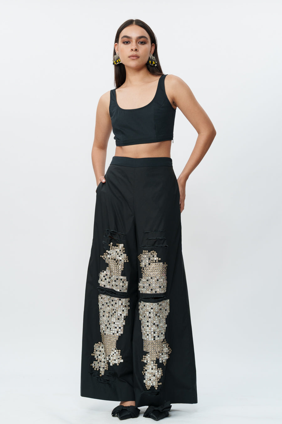 Shredded Black Cotton Pants With Mirrorwork
