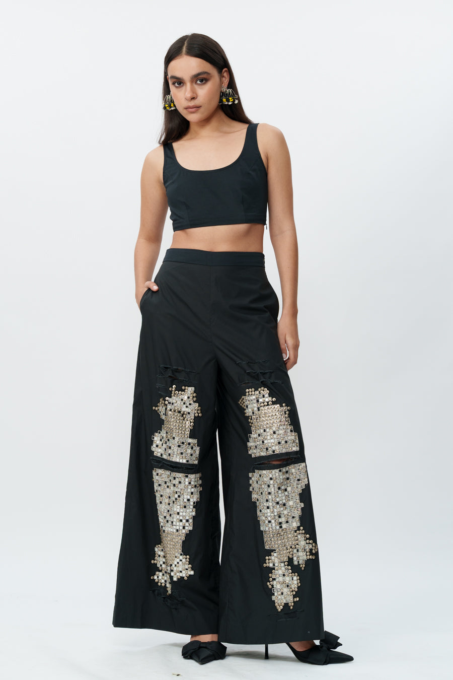 Shredded Black Cotton Pants With Mirrorwork
