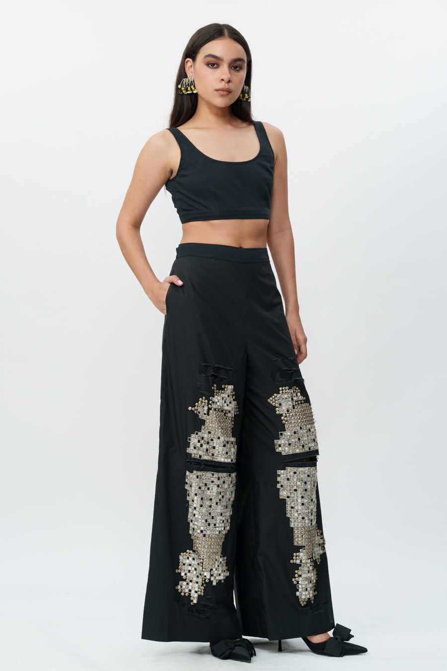 Shredded Black Cotton Pants With Mirrorwork