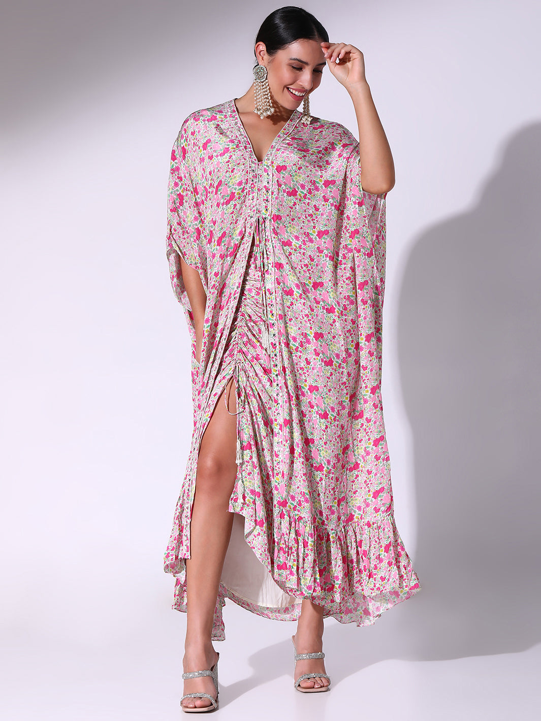 Pink Micro Floral Printed Long Kaftan With Drawstring Skirt