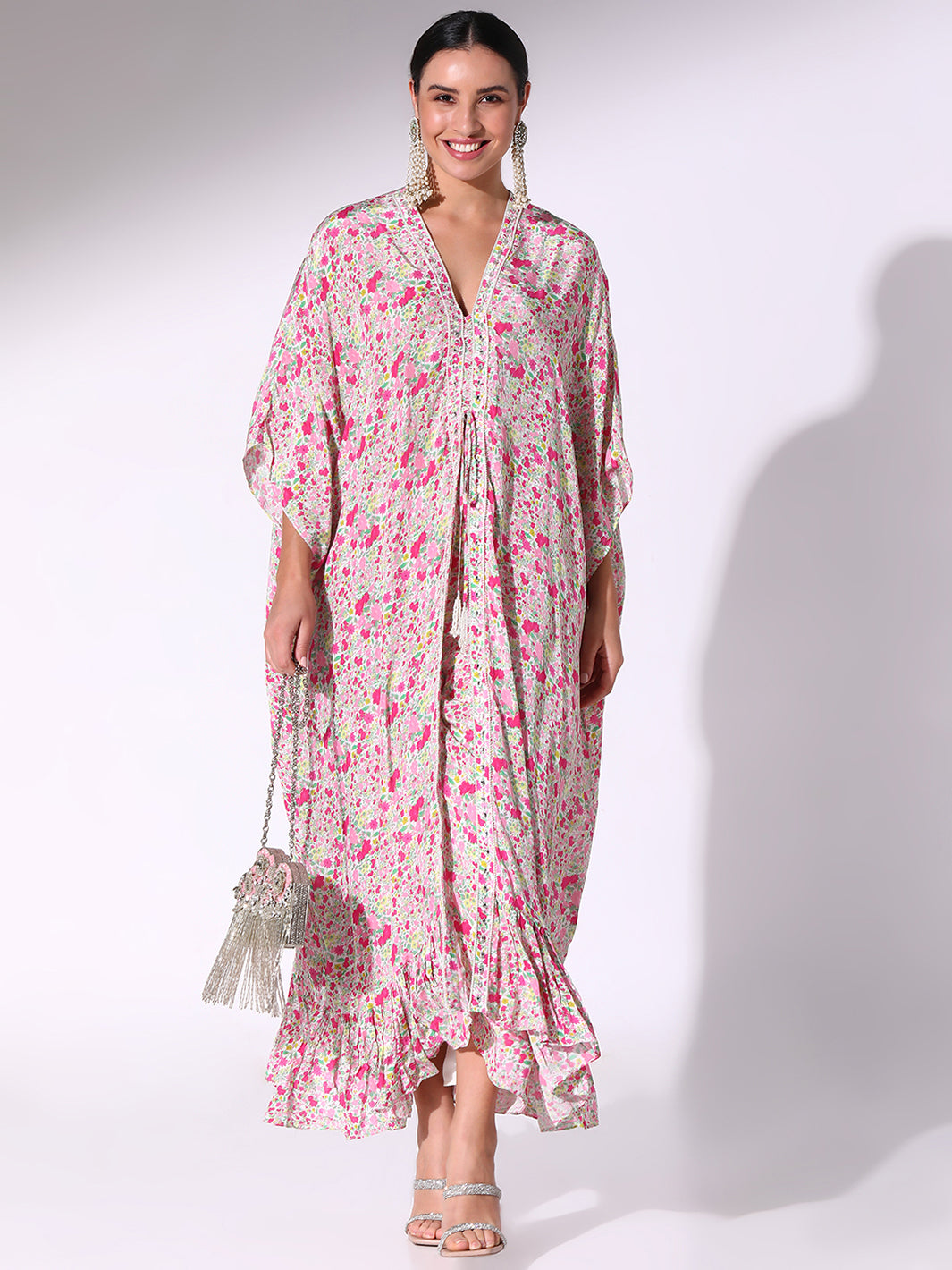 Pink Micro Floral Printed Long Kaftan With Drawstring Skirt