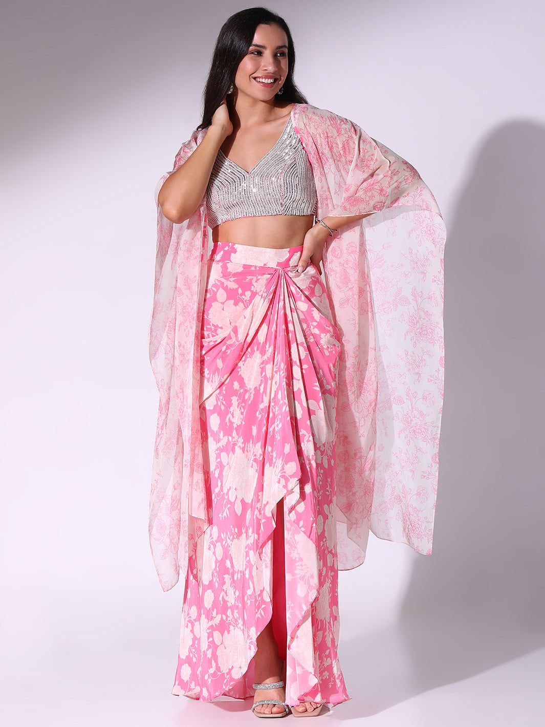 Pink Floral Printed Blouse, Skirt & Cape Set