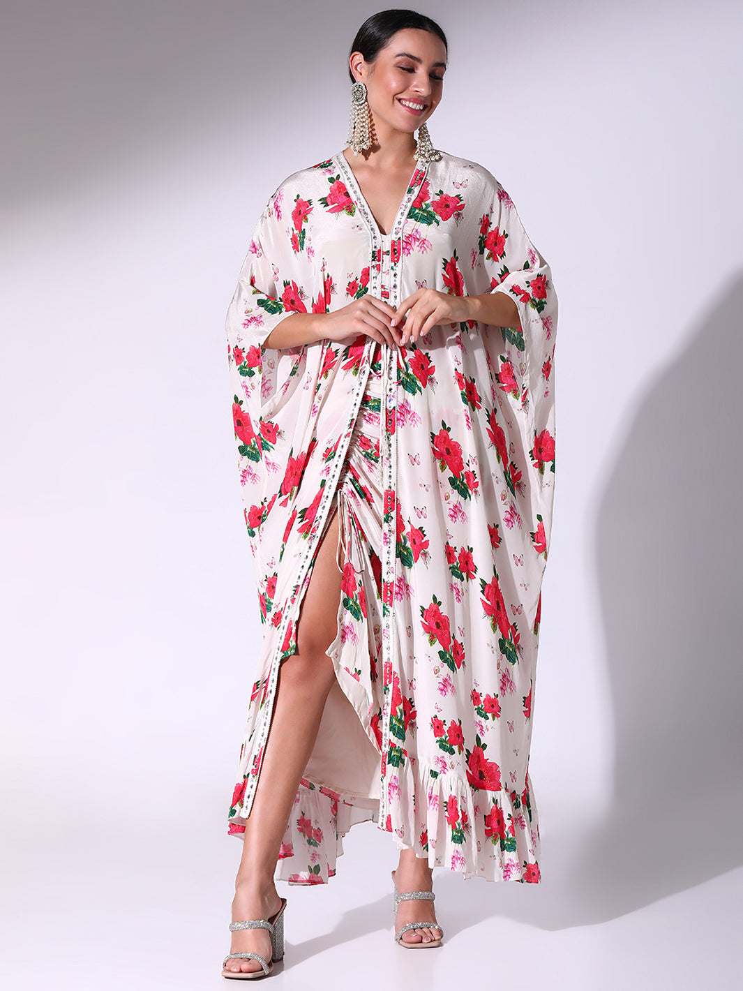 Poppy Floral Printed Long Kaftan With Drawstring Skirt