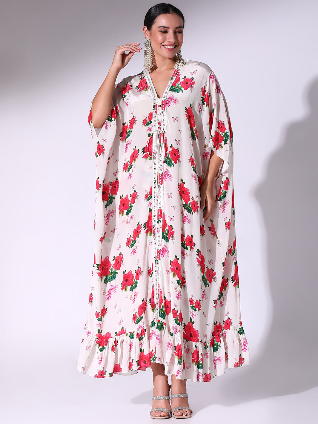 Poppy Floral Printed Long Kaftan With Drawstring Skirt