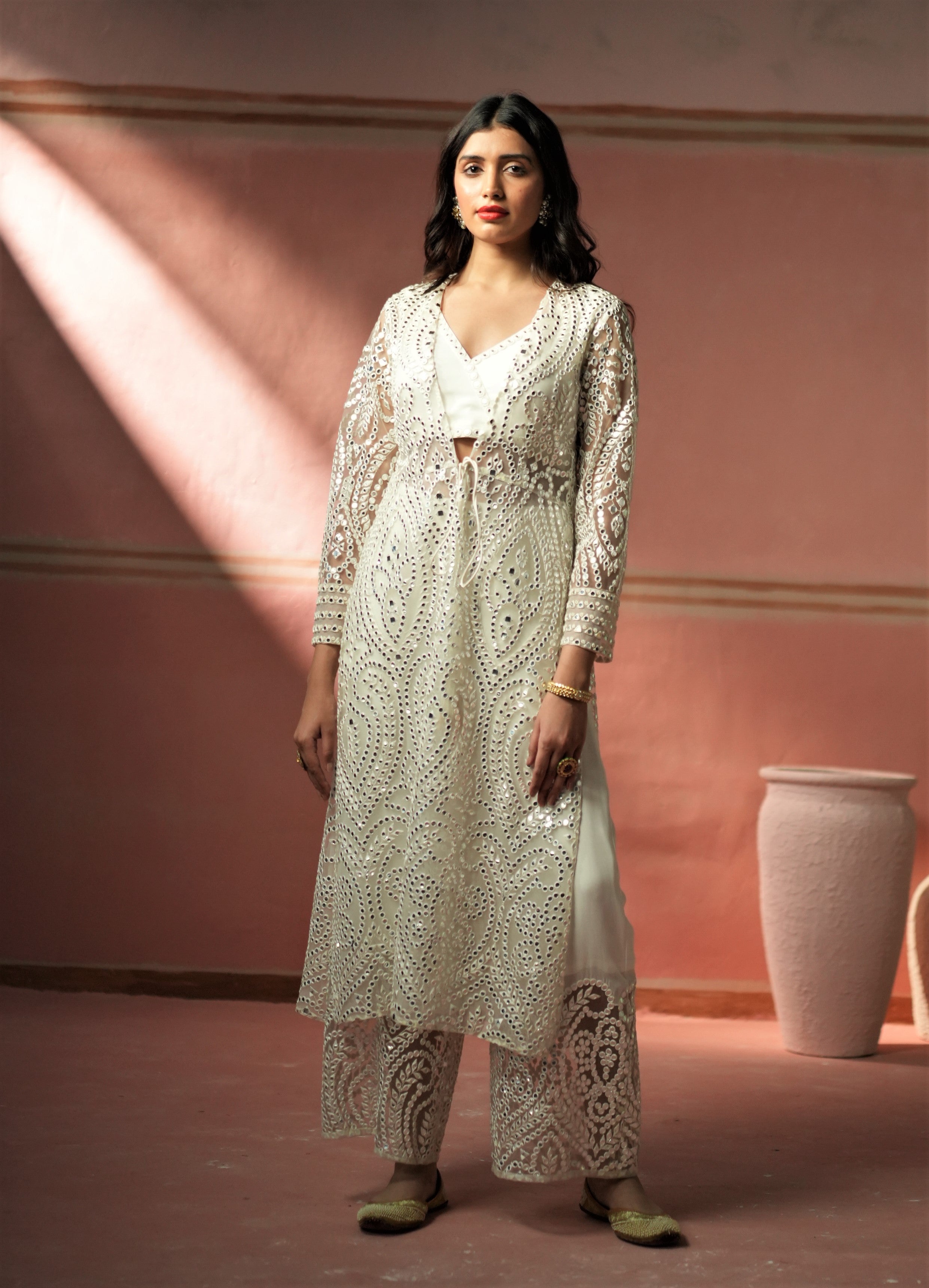 Georgette Palazzos with White Mirrorwork Net