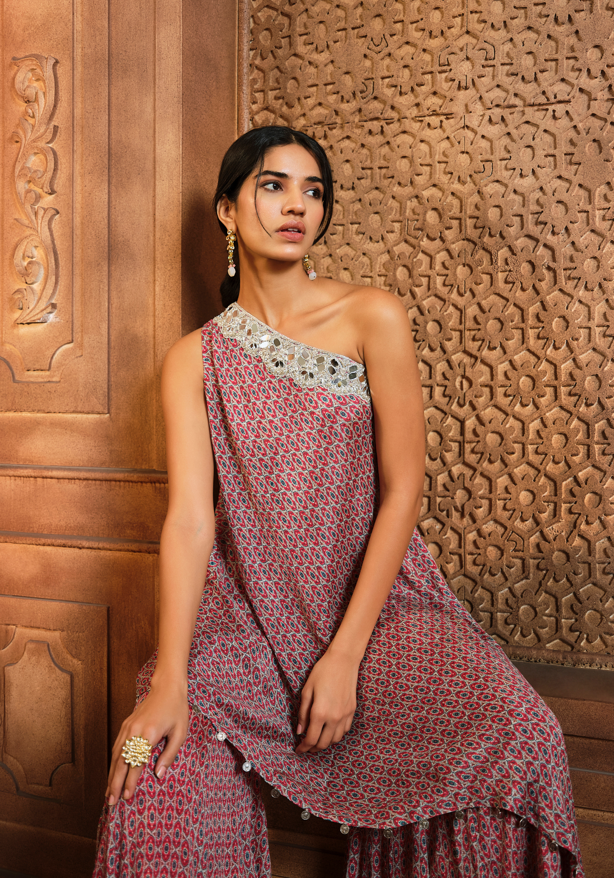 Red Oval Printed One Shoulder Kurta/Sharara