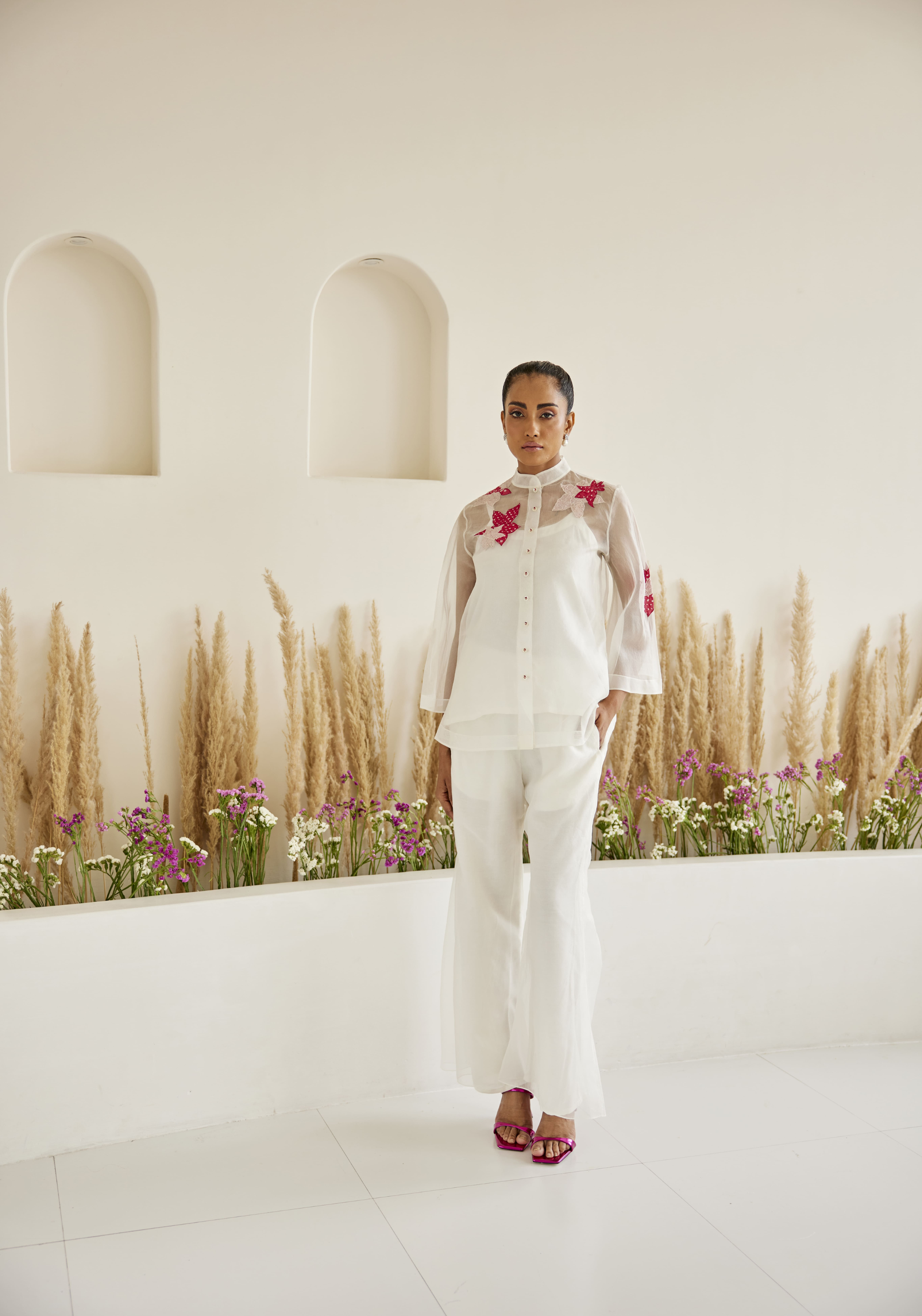 Organza Bandhani Applique Hi Neck Shirt