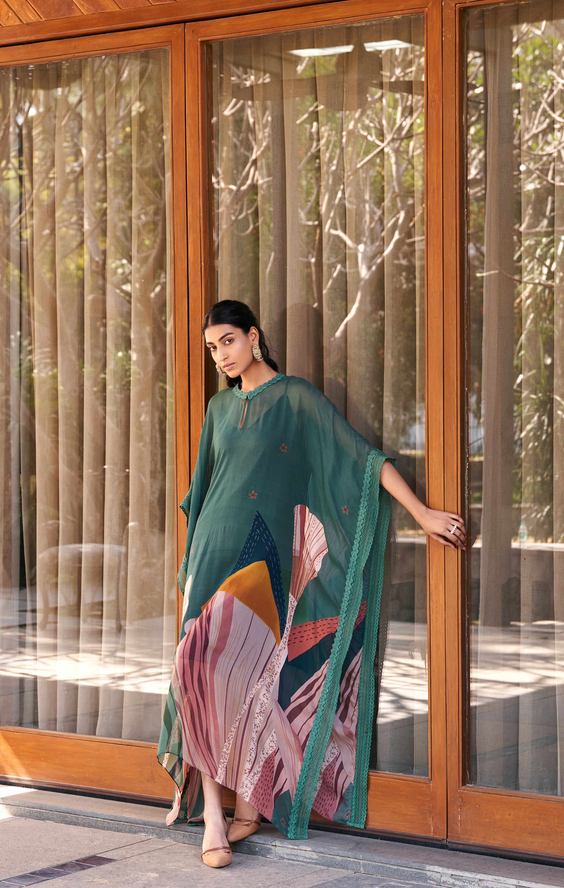 Sage Green Abstract Print Long Kaftan