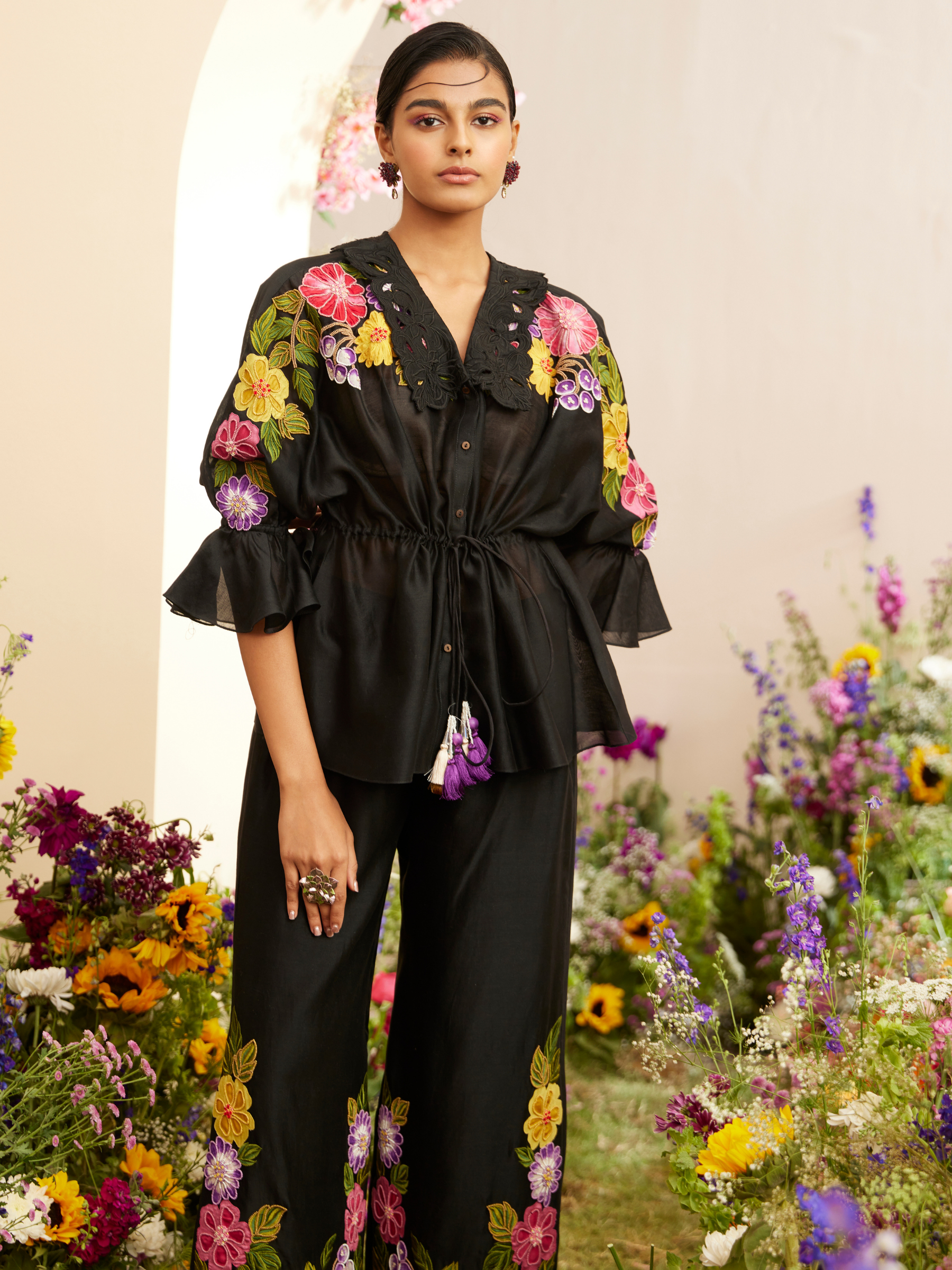 Black Applique Floral Kimono Shirt