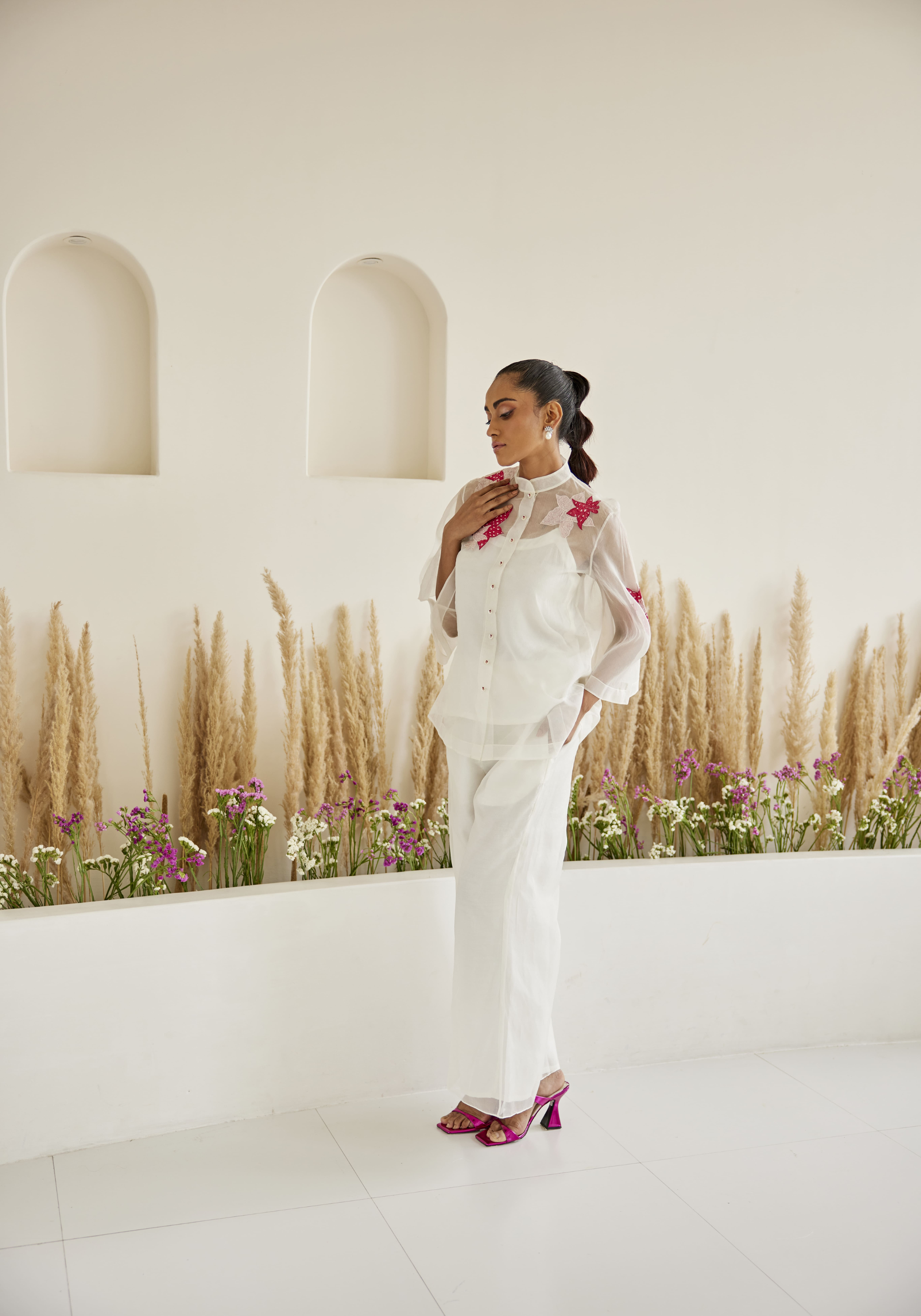 Organza Bandhani Applique Hi Neck Shirt