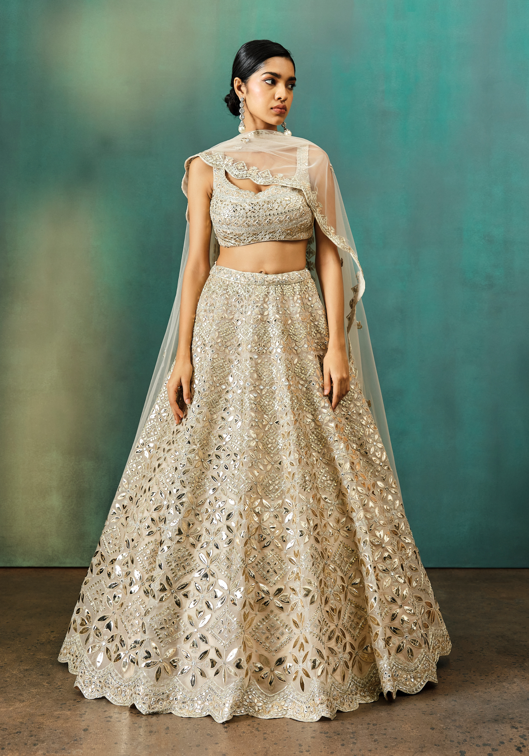 Beige Gold Petals Foil Lehenga