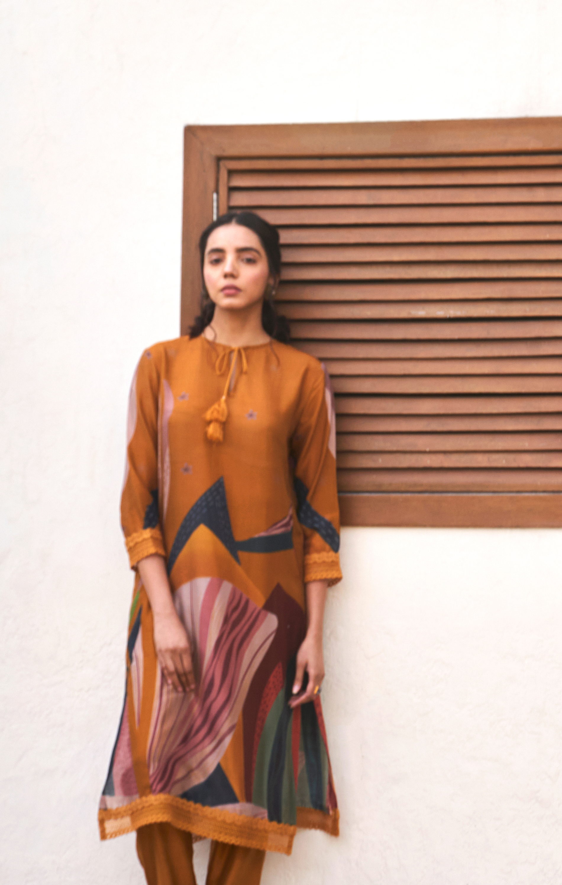 Mustard Yellow Abstract Print Kurta Set With Trousers