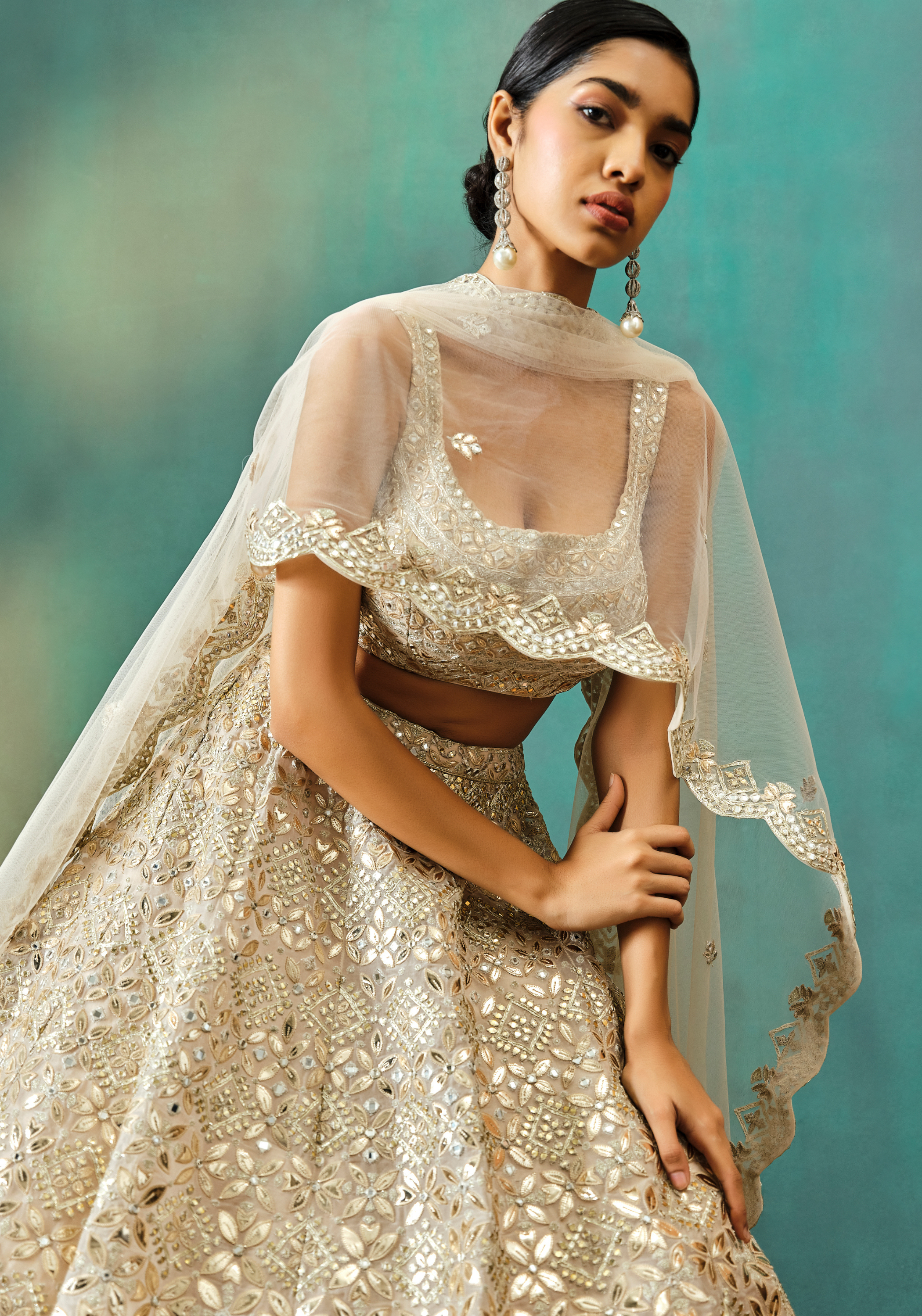 Beige Gold Petals Foil Lehenga