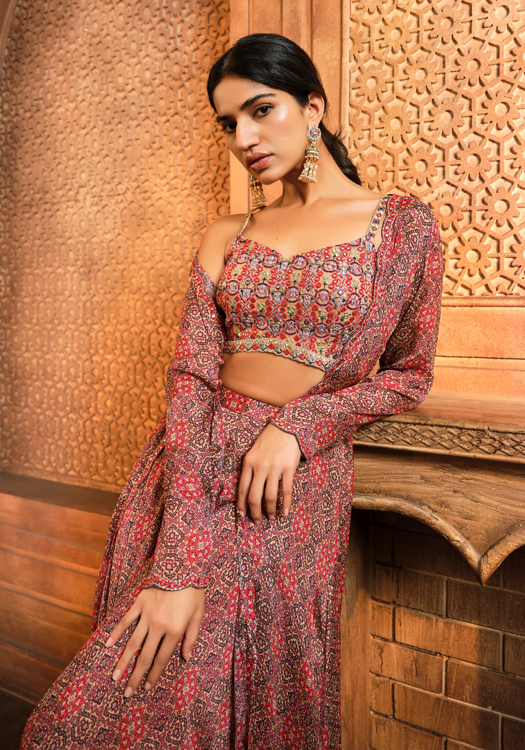 Brown Perian Printed Jacket Sharara Set