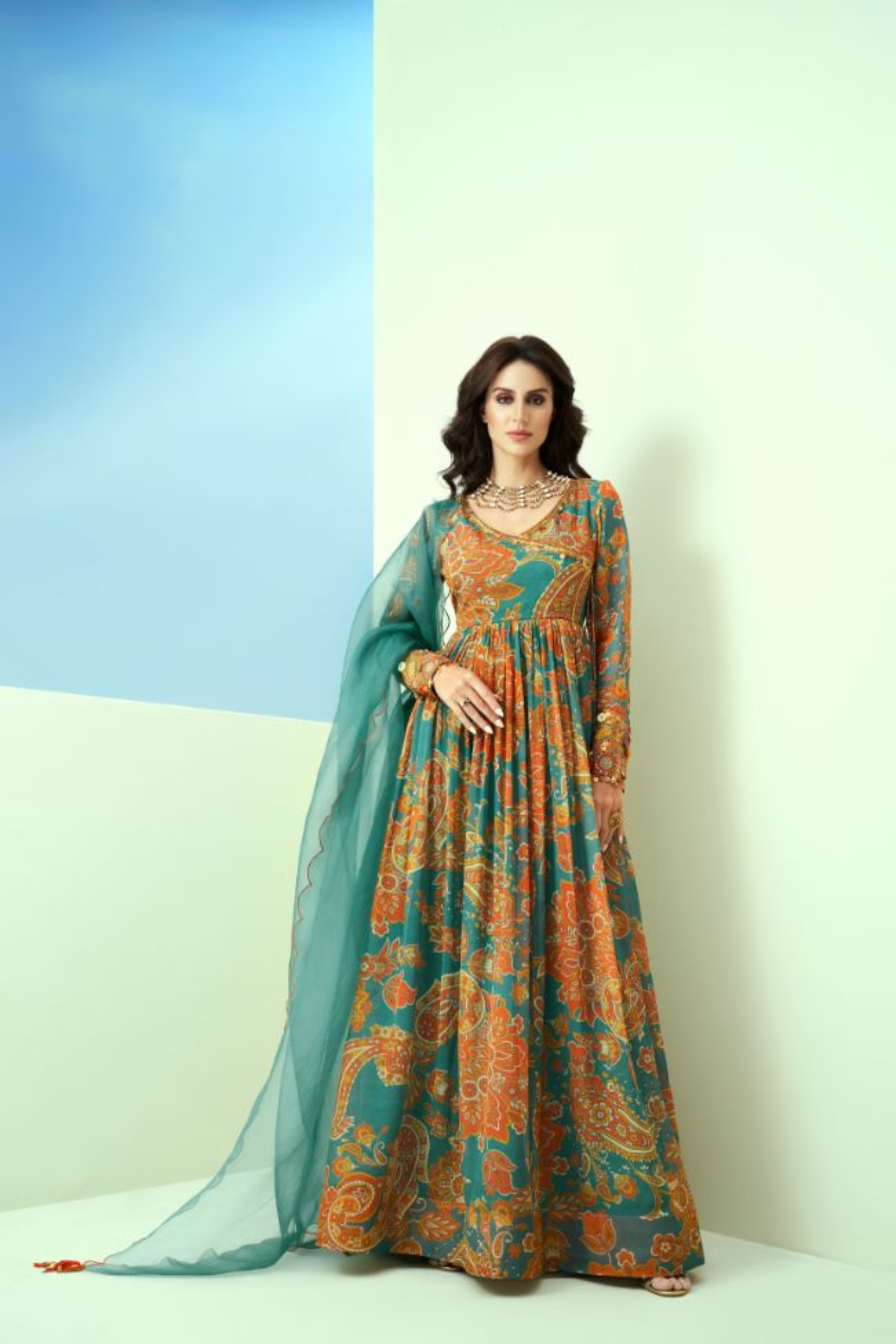 Blue Printed Organza Cuff Emb. Empire Line Kurta Set