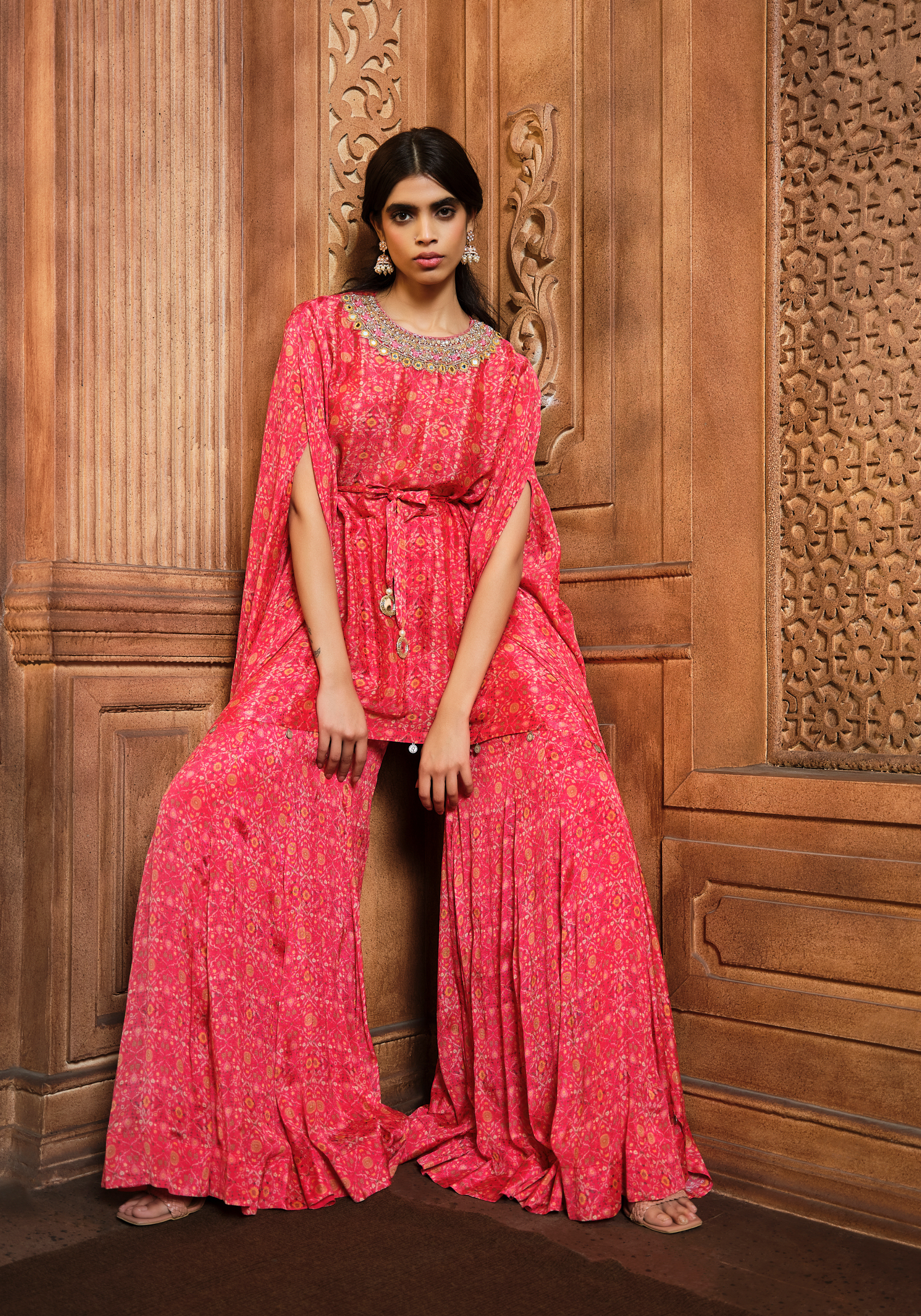 Vermillion Red Kaftan With Kali Sharara