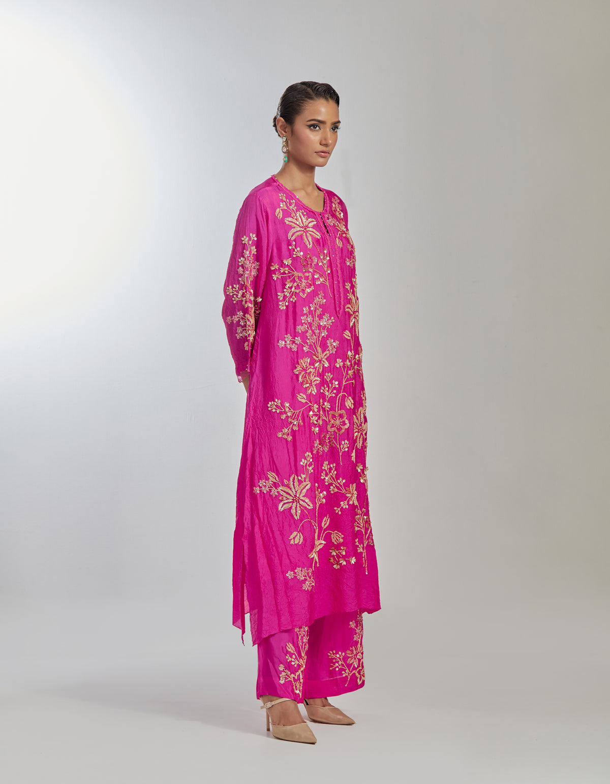 Kurta Set - Hot Pink Color Silk Kurta Set With Intricate Floral Hand Embroidery
