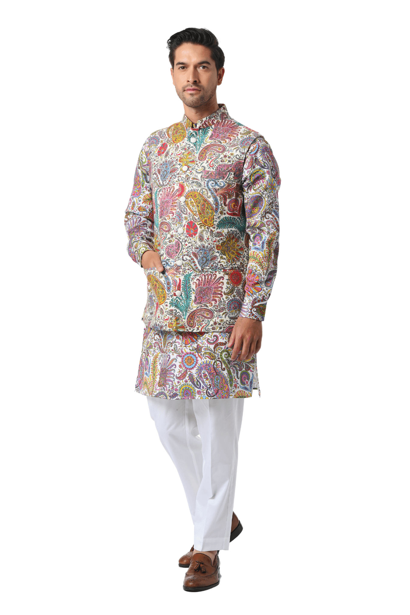 Fun Paisley Kalamkari Silk Nehru Jacket , Men's Bandi