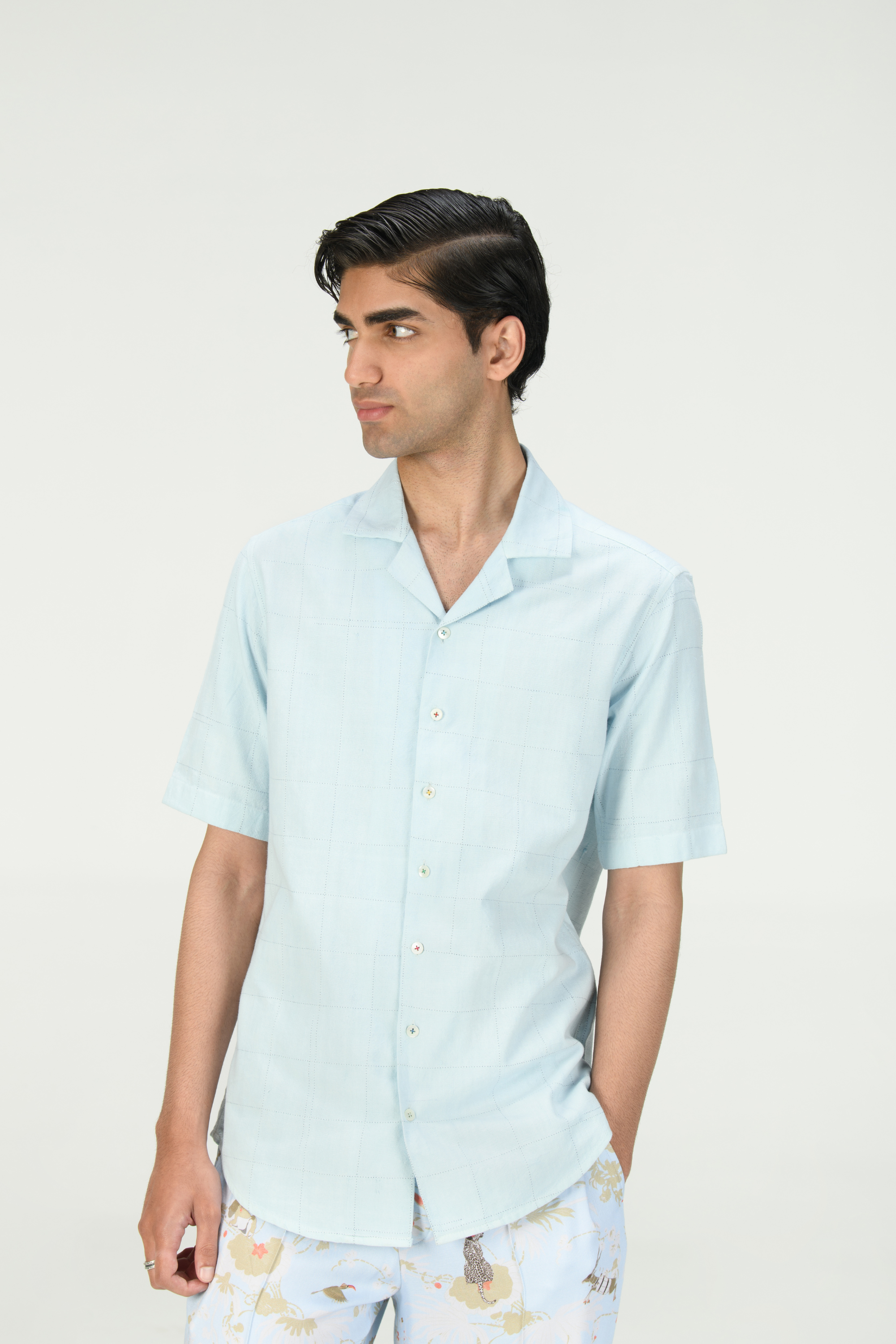 Bush Shirt Ice Blue Check Dhagai Heavy Cotton