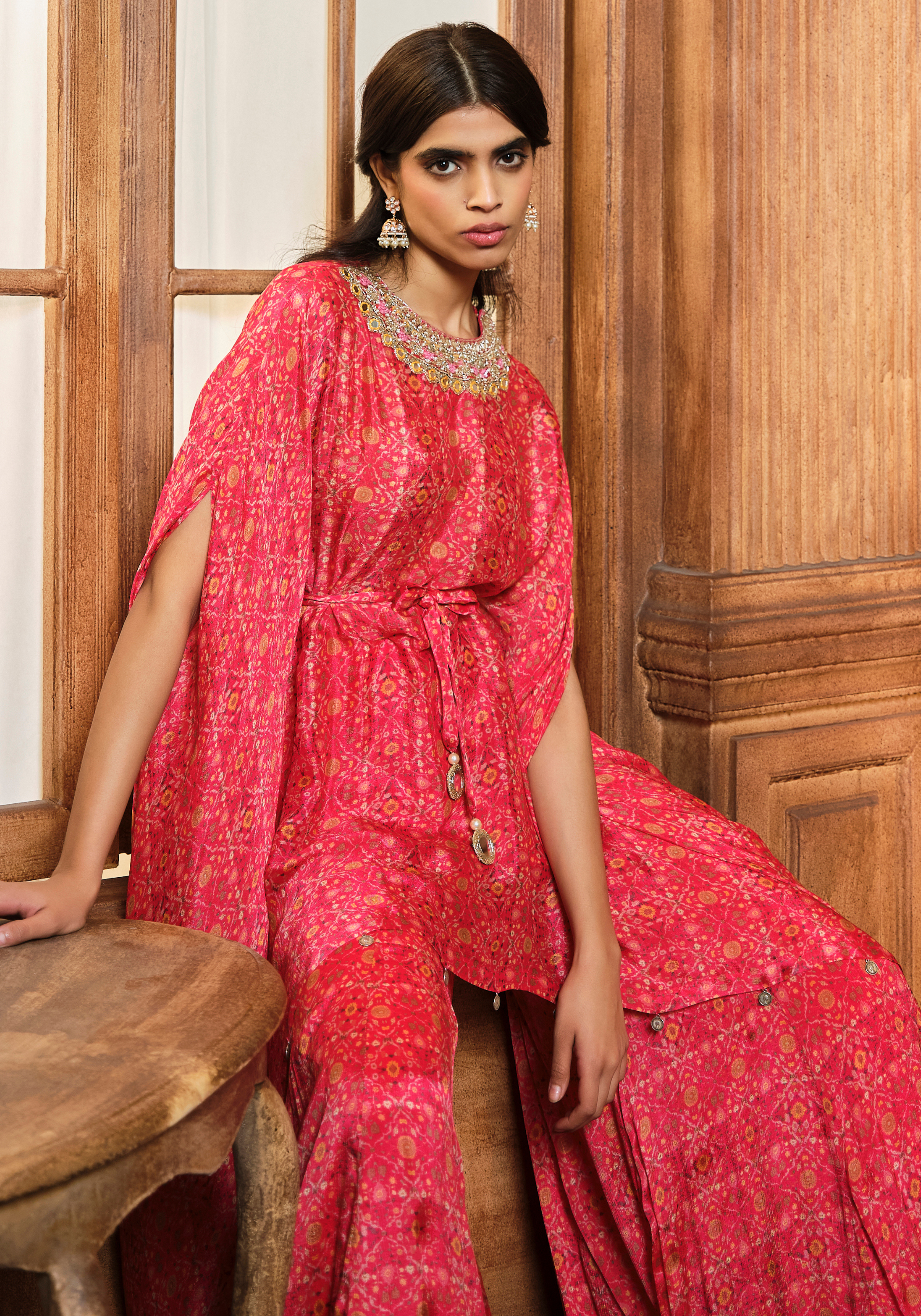 Vermillion Red Kaftan With Kali Sharara