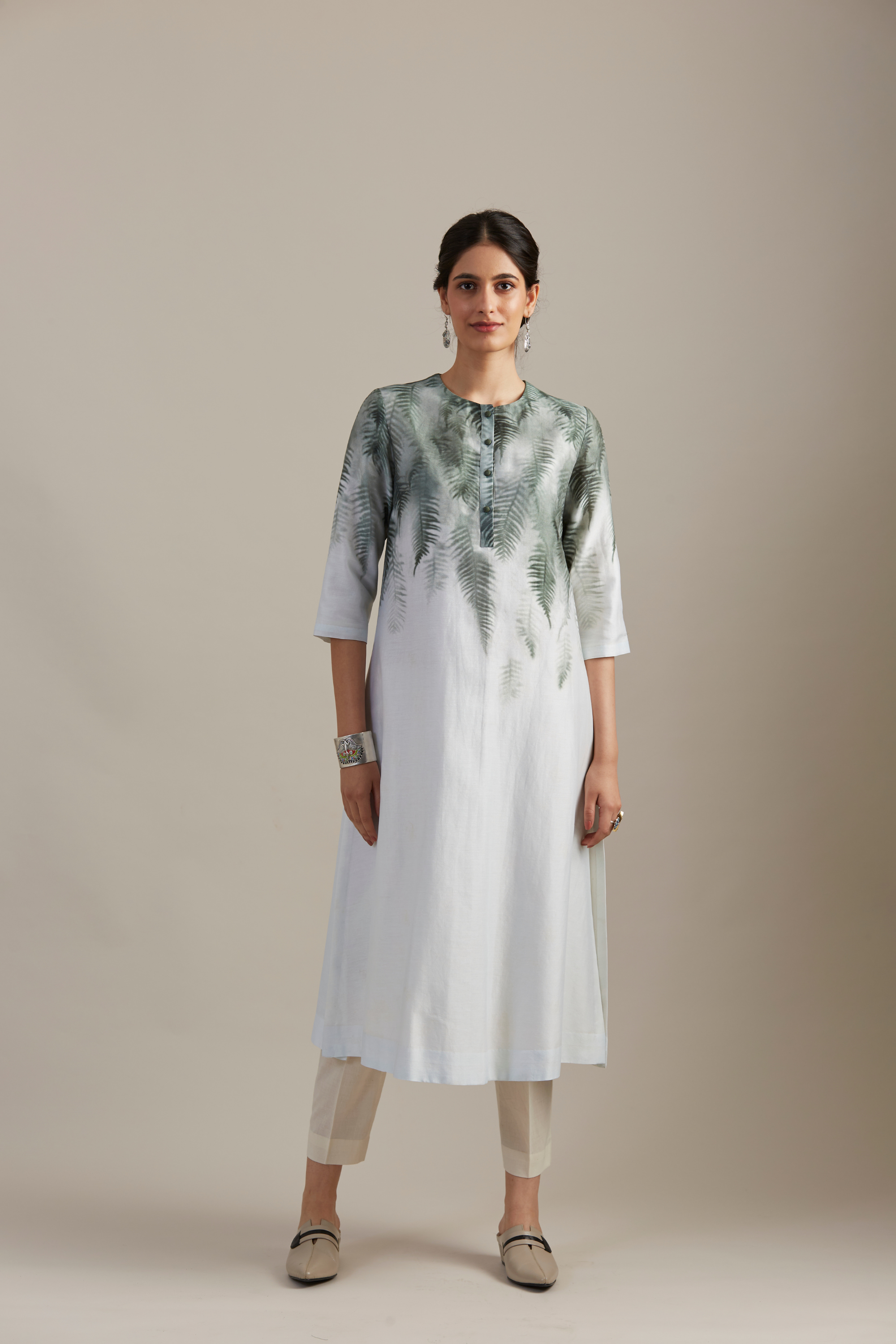 Leaf-printed Ivory Silk Chanderi Kurta