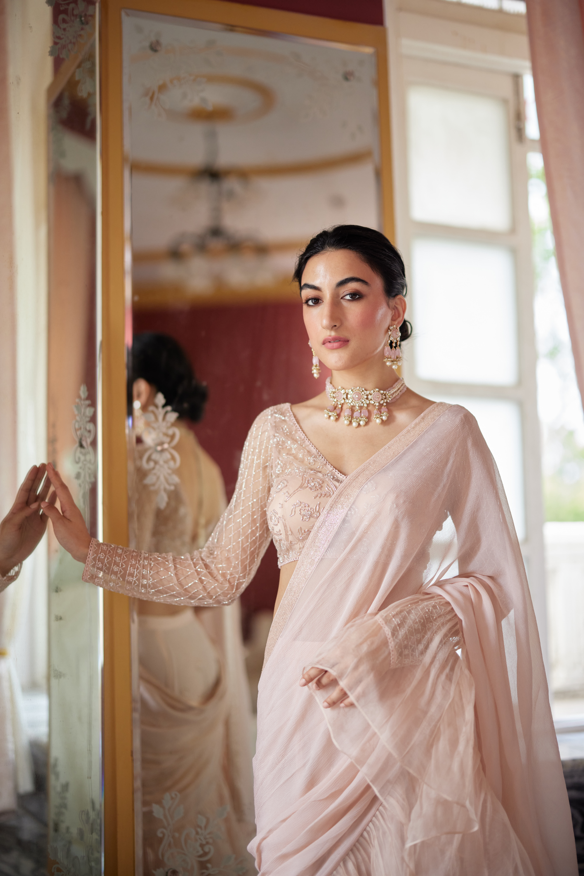 Pale Peach Pre-Draped Saree