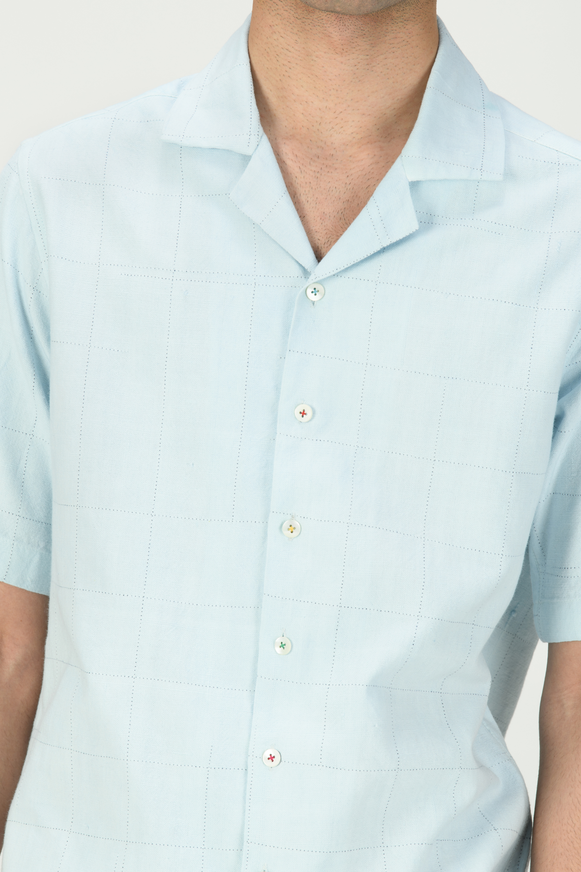 Bush Shirt Ice Blue Check Dhagai Heavy Cotton