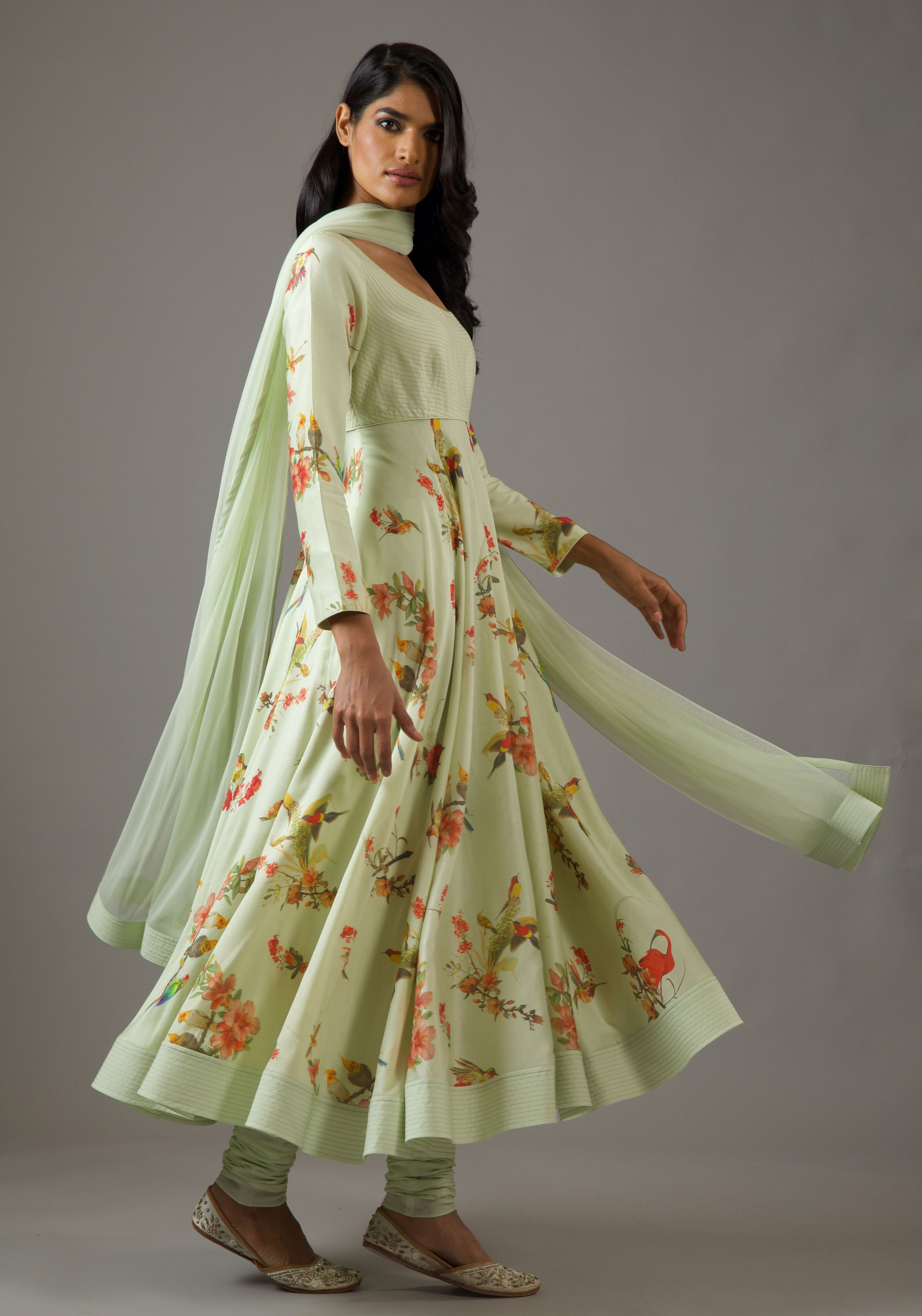 Chanderi Silk Mint Green Printed Anarkali Set