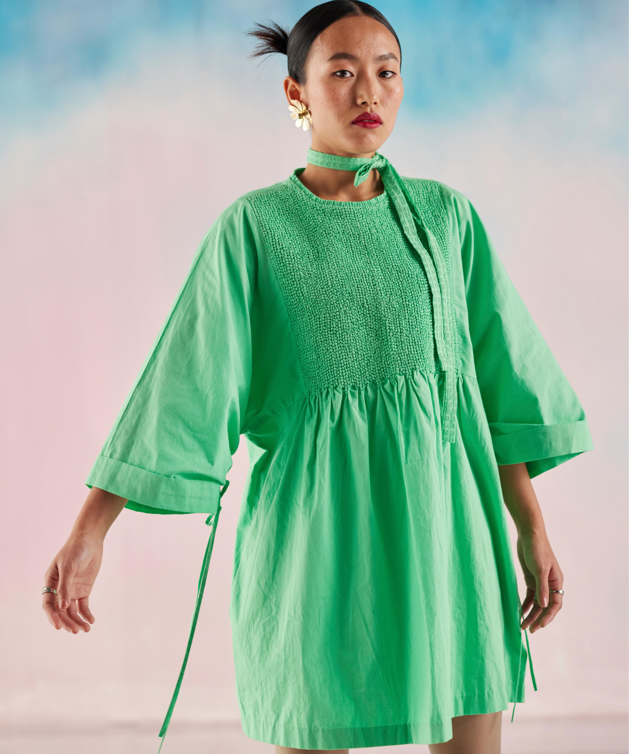 Summer Green Smocked Yoke Poplin Drawstring Sleeve Detail Dress
