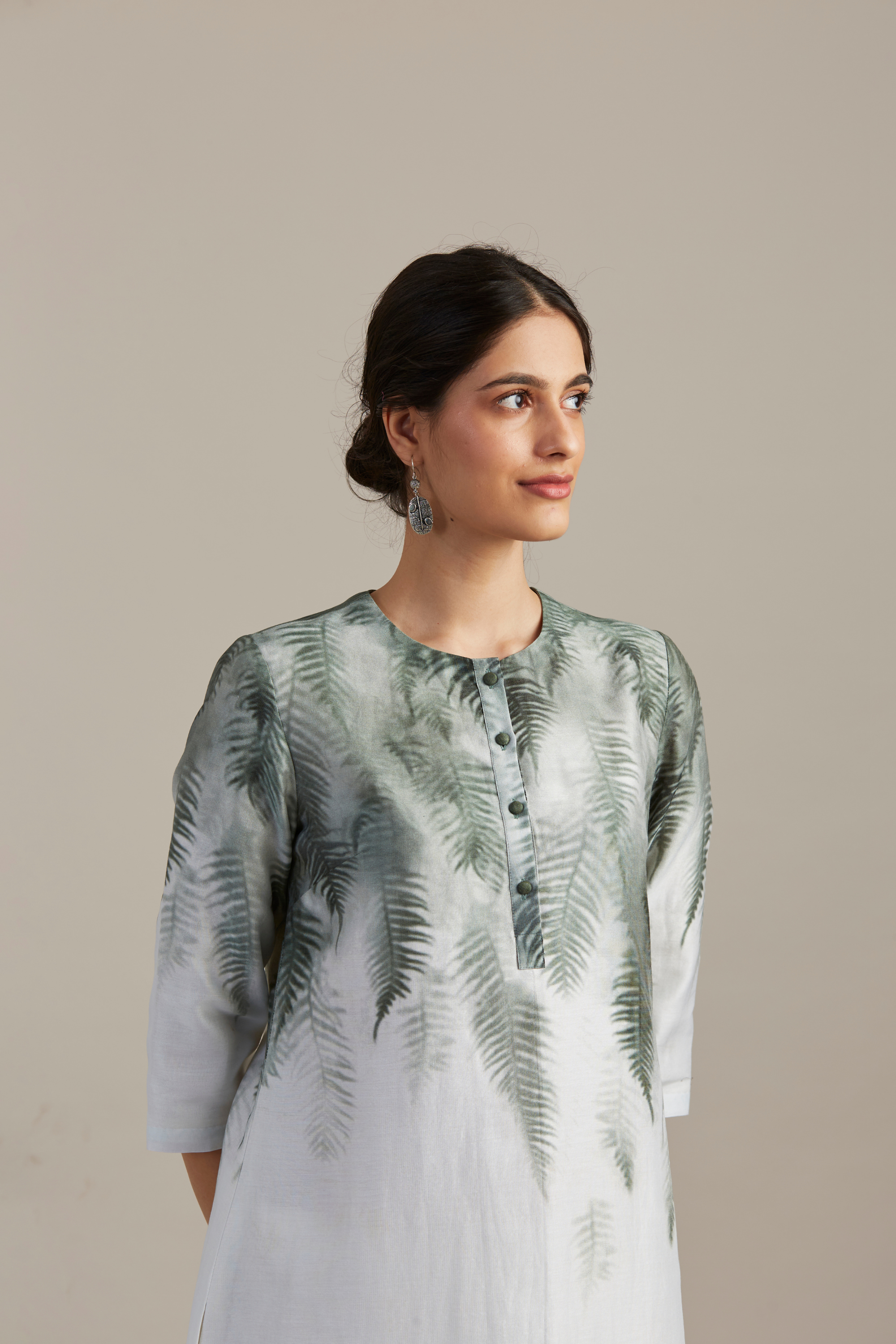 Leaf-printed Ivory Silk Chanderi Kurta