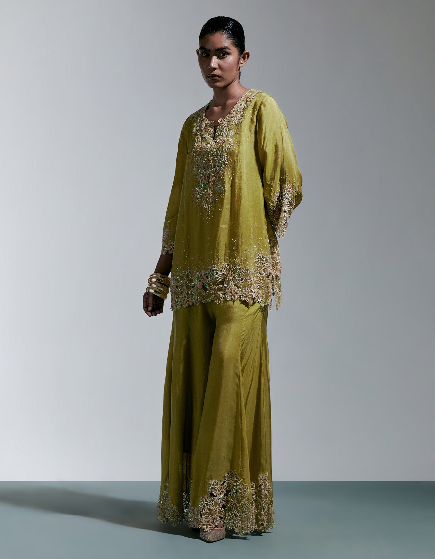 Henna Silk Sharara Set With Floral Thread Work