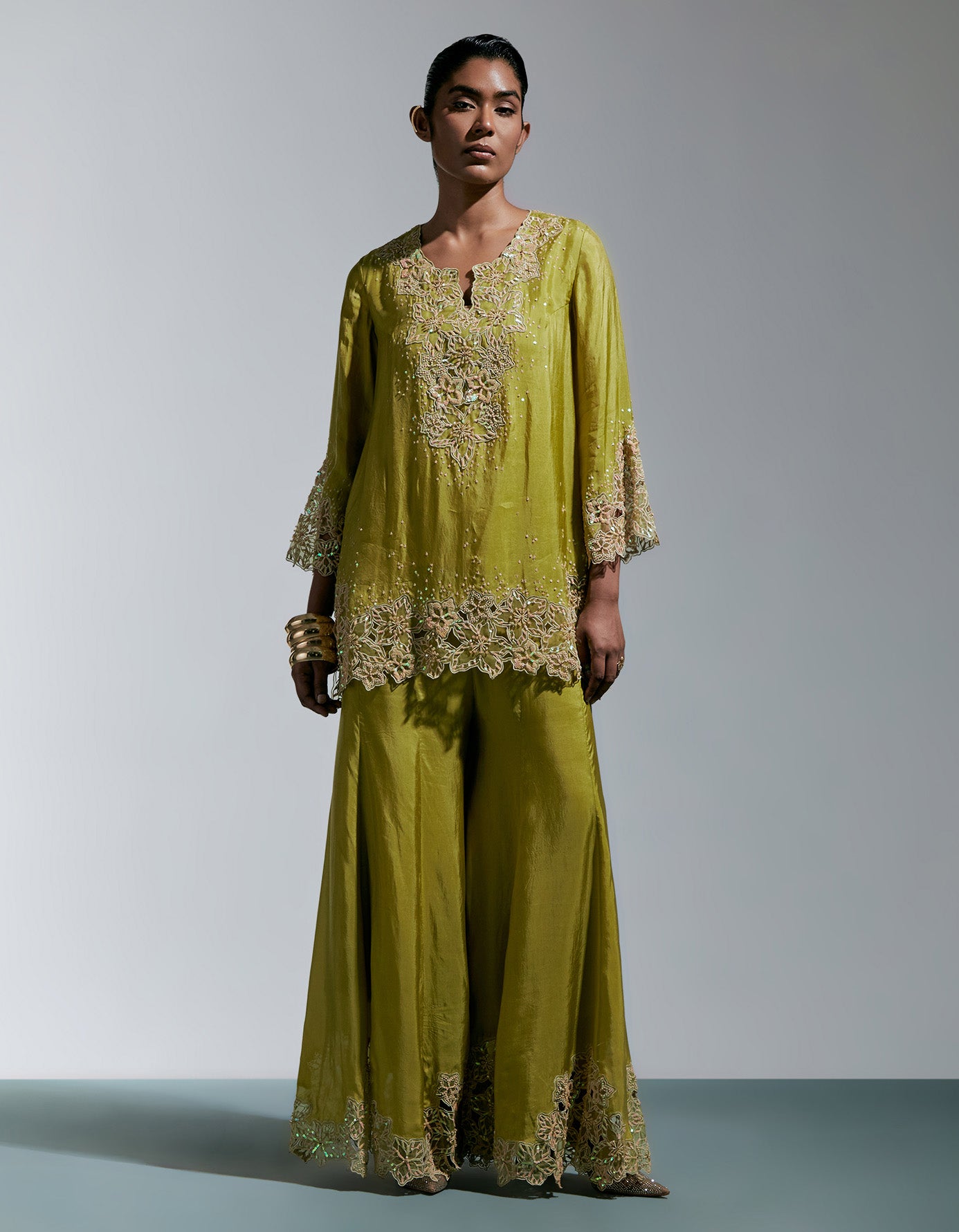 Henna Silk Sharara Set With Floral Thread Work