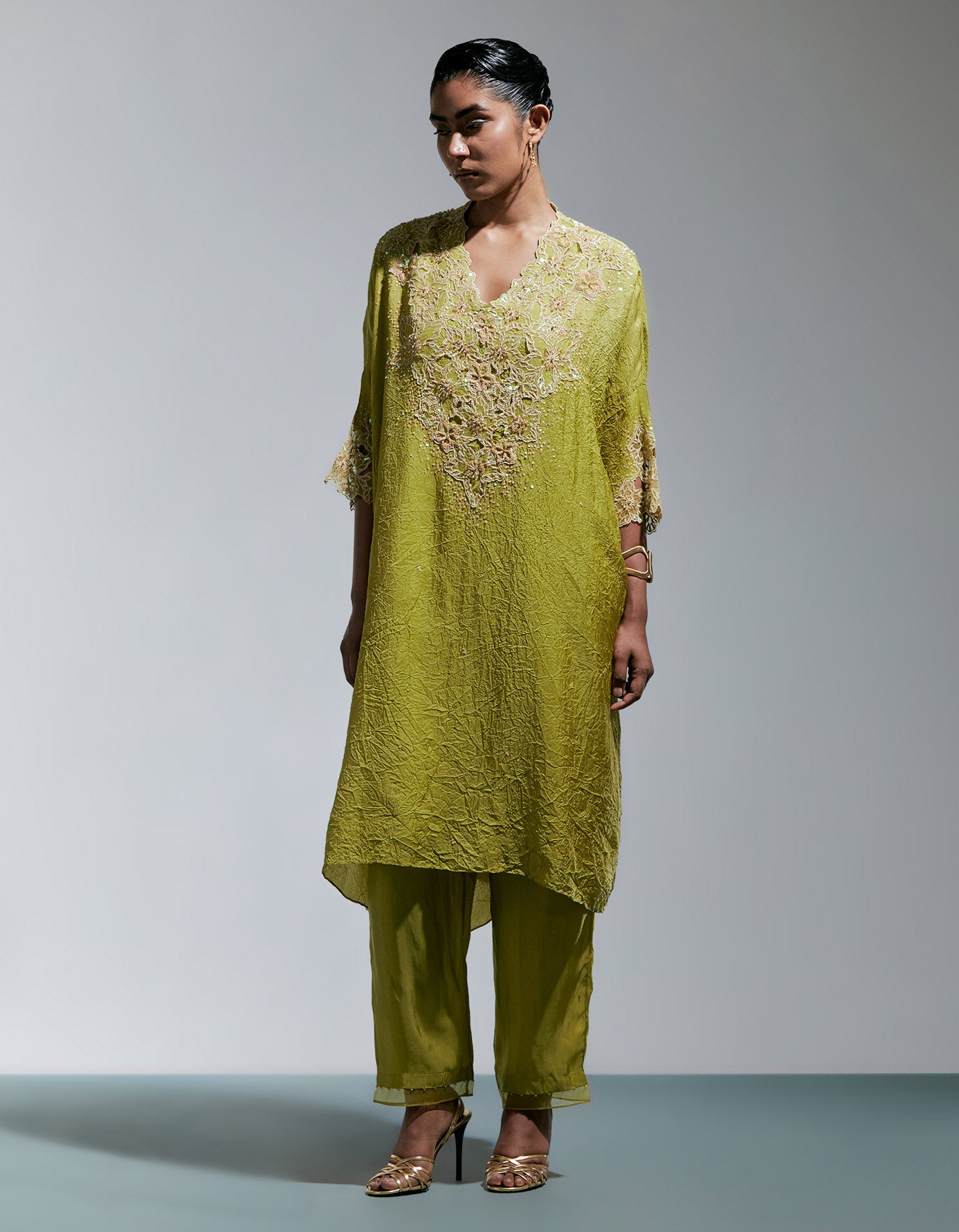 Henna Silk Kurta Set With Floral Thread Work