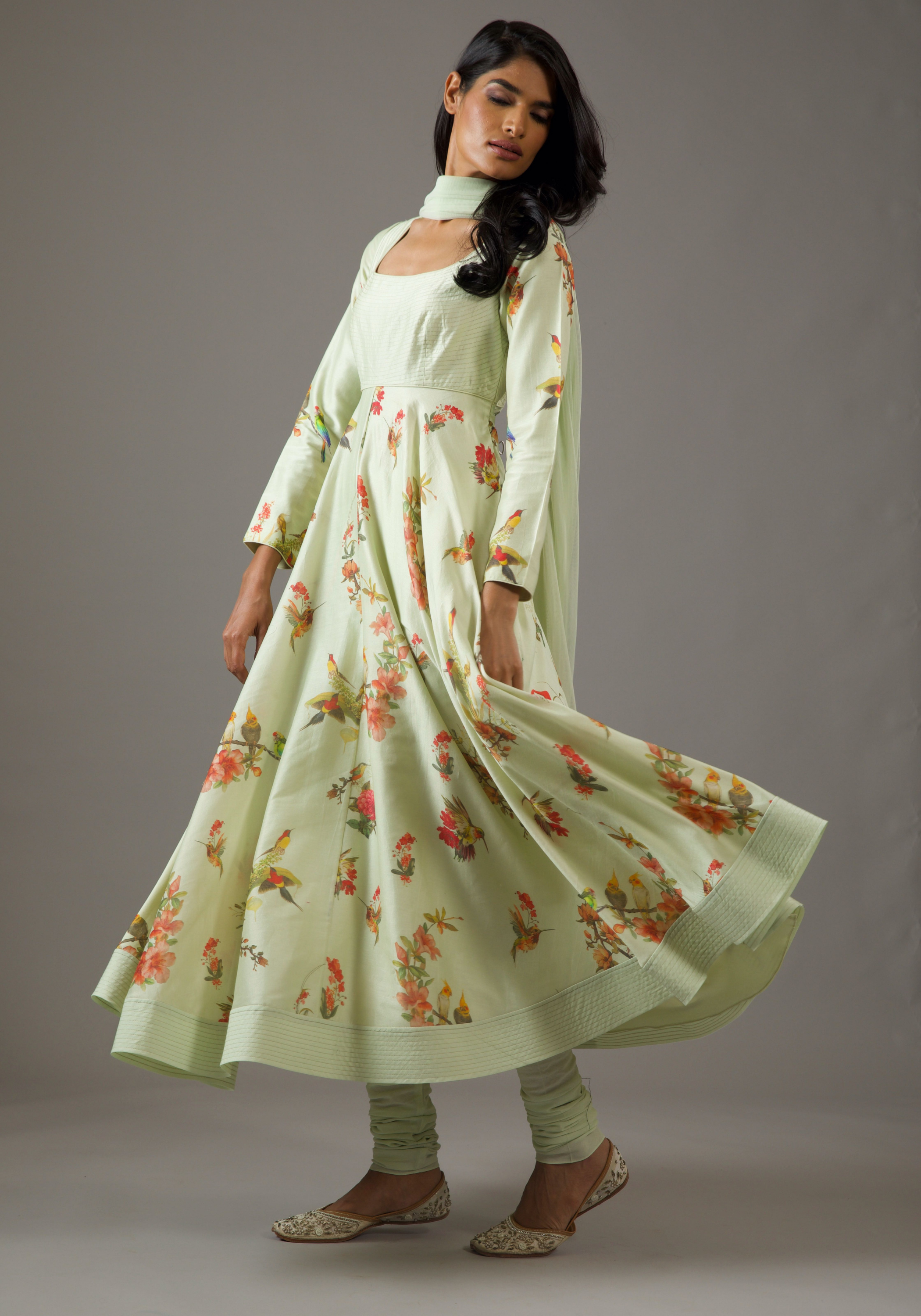 Chanderi Silk Mint Green Printed Anarkali Set