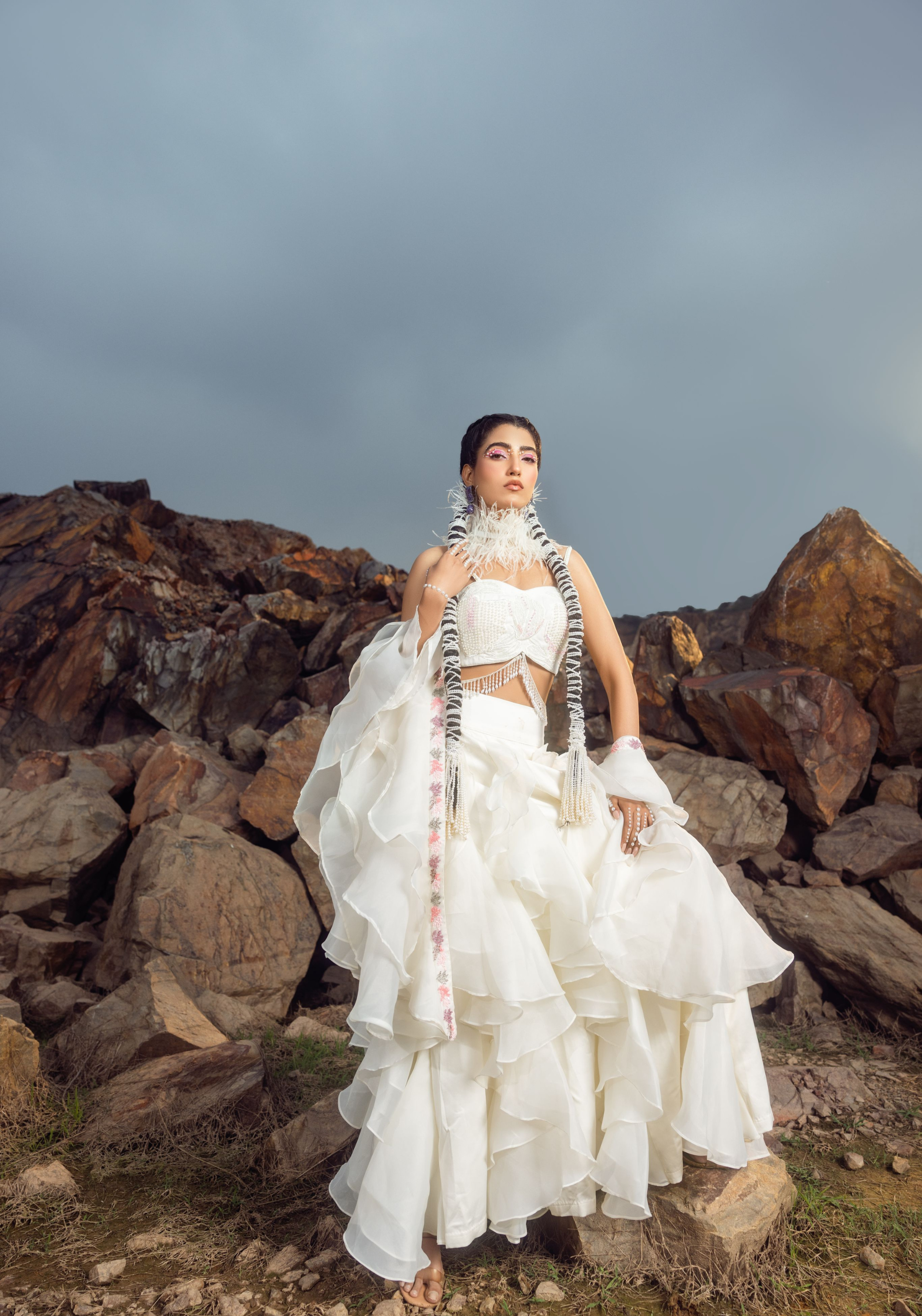 3D Layered Pant with Bustier and Frill Dupatta