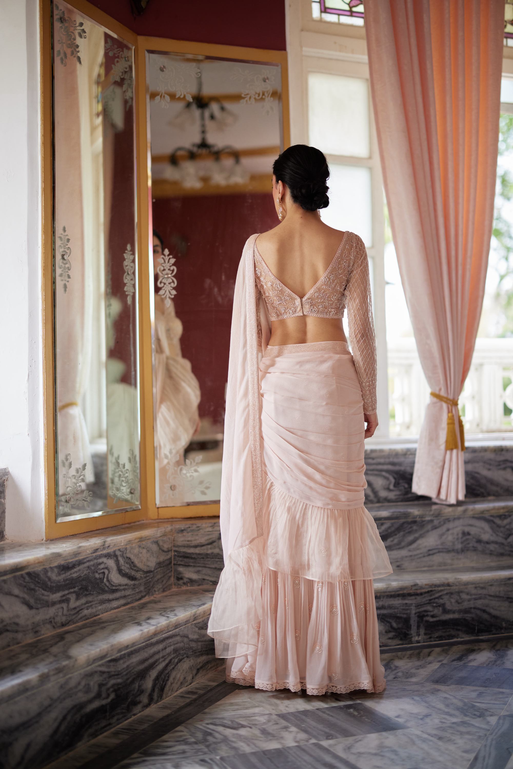 Pale Peach Pre-Draped Saree