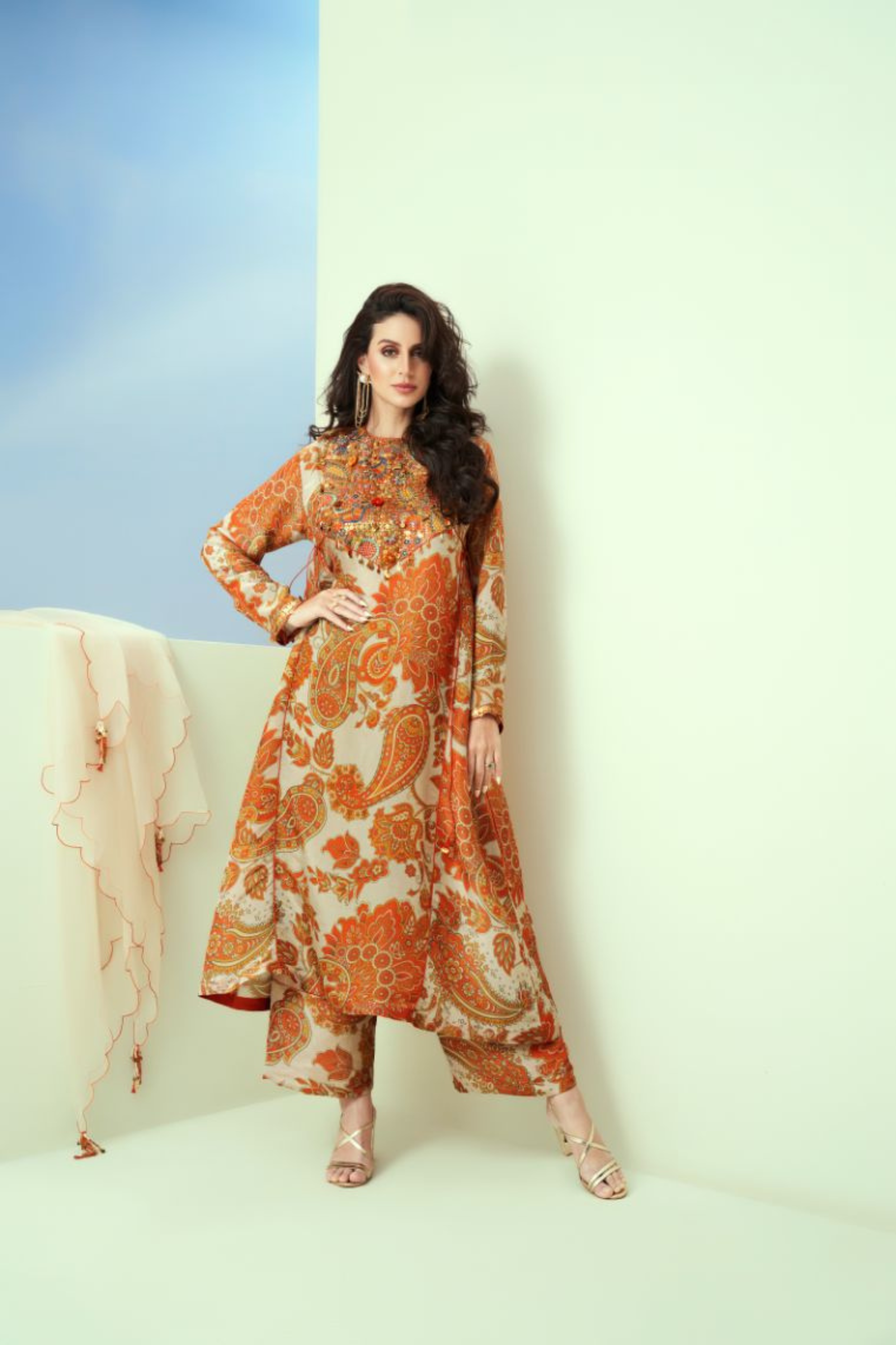 Off White Printed Tissue Yoke Emb. Panel Kurta Pants (Without Dupatta)