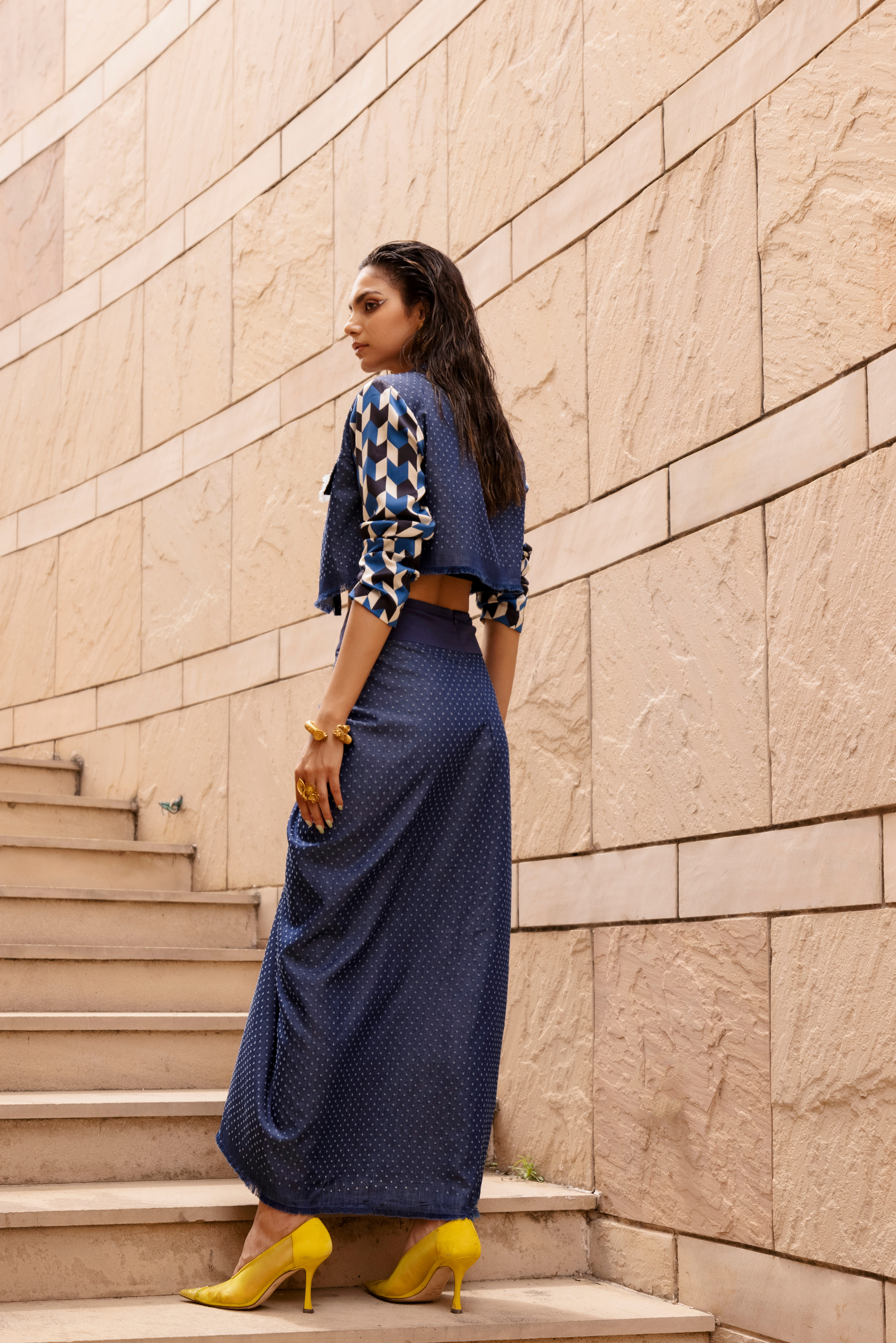 Denim Crop Jacket With Knotted Skirt