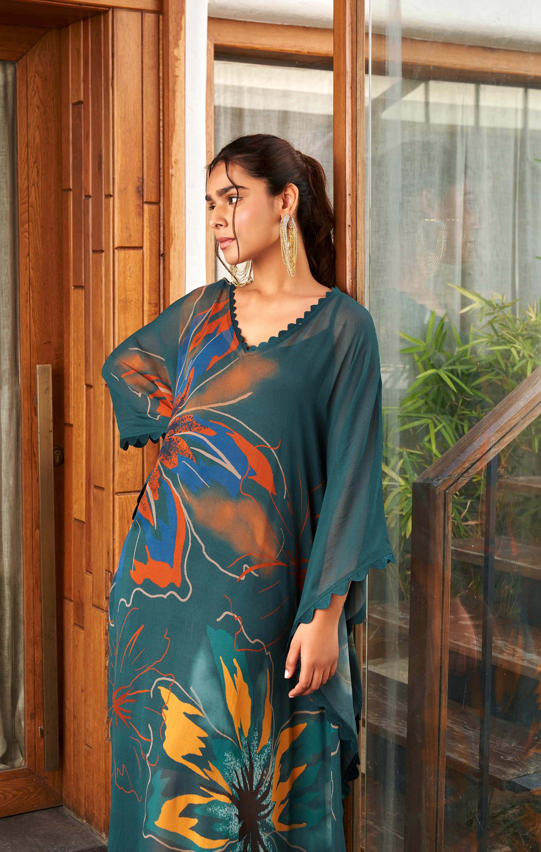 Summer Flower Teal Long Kaftan
