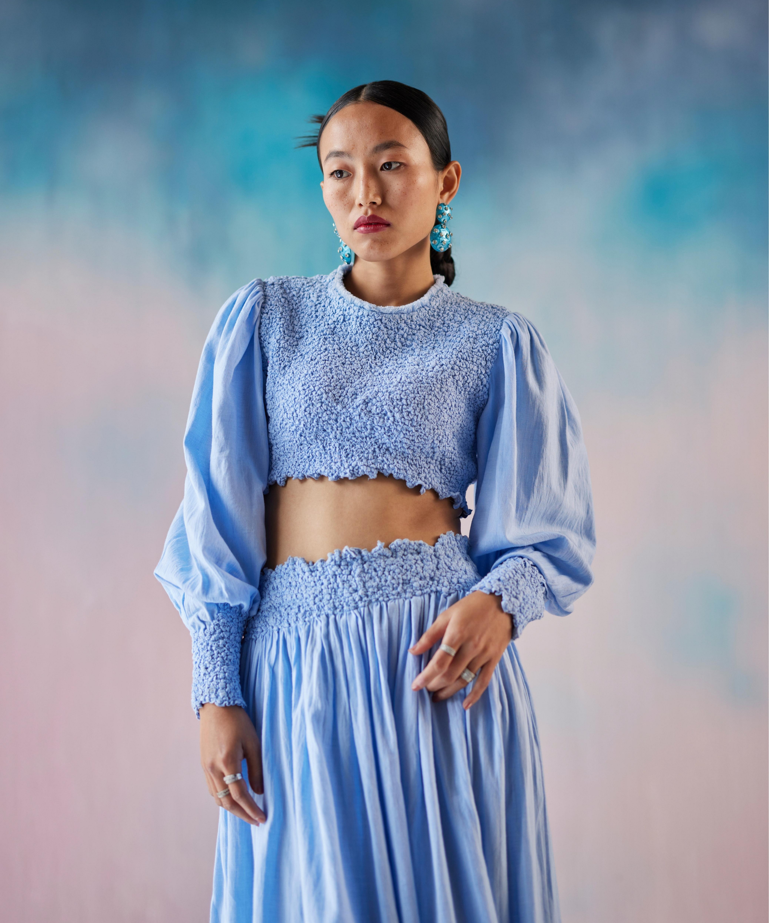 Boy Blue Smocked Crop Top With Leg-o-mutton Sleeves