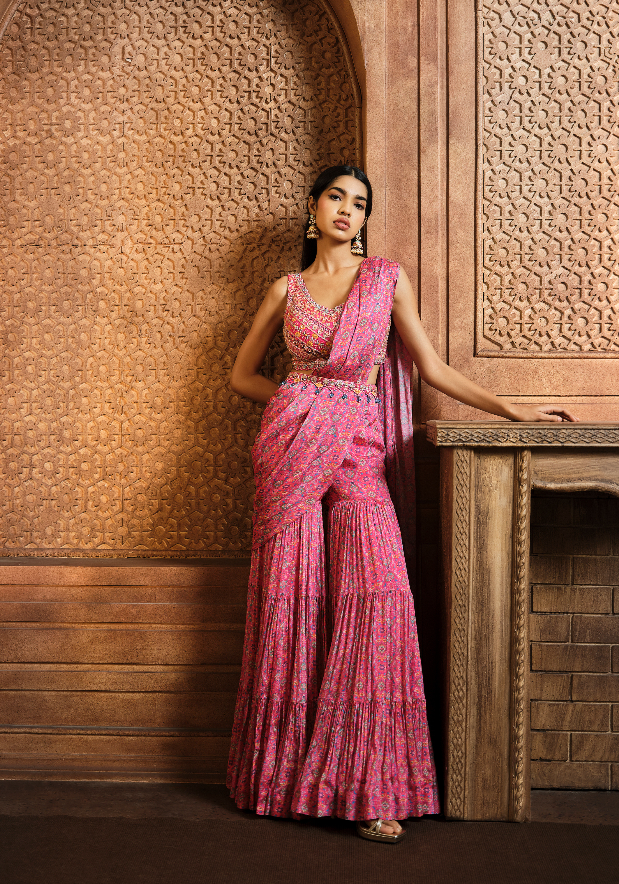 Pink Persian Printed Draped Sharara Saree