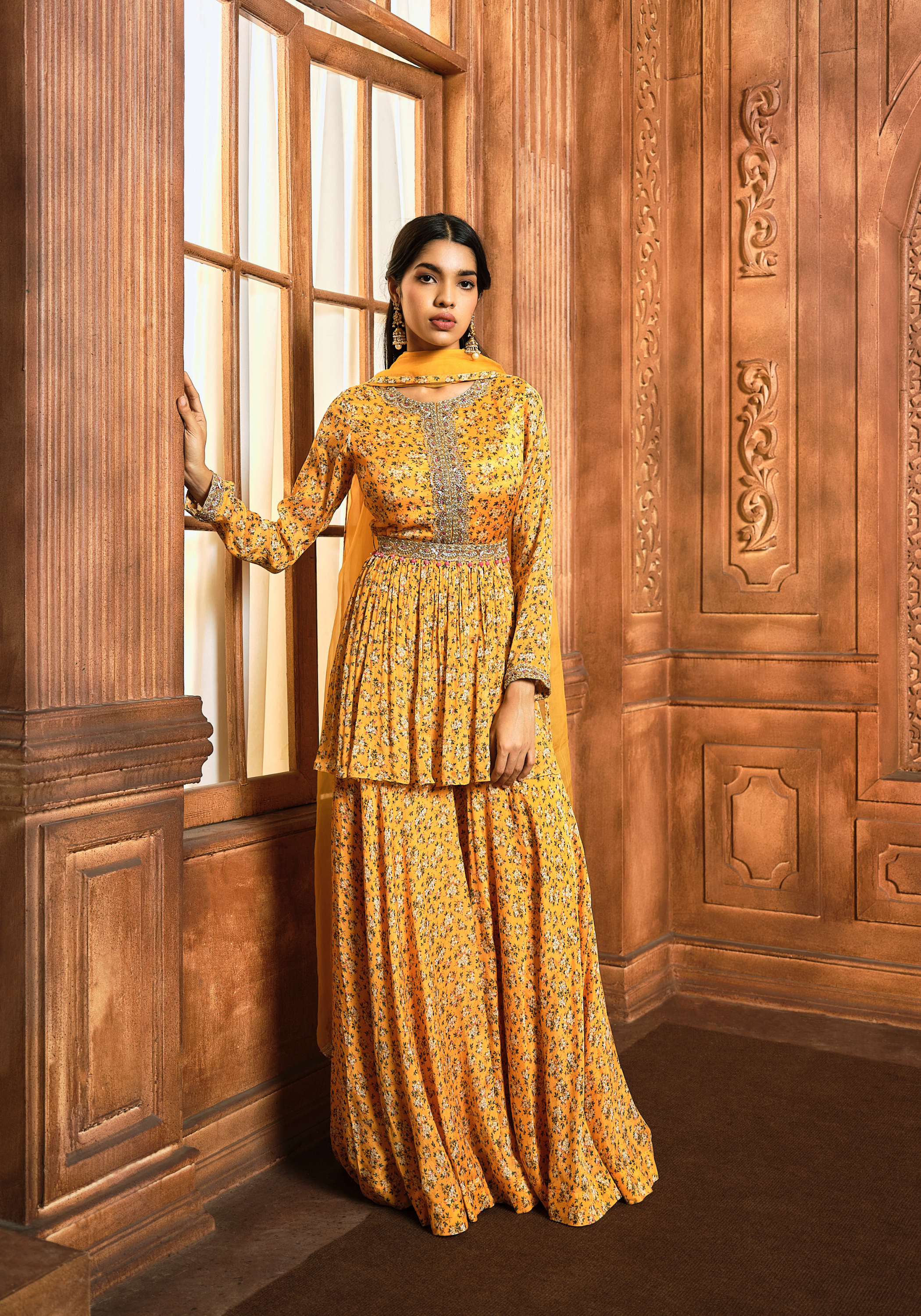 Yellow Floral Peplum Sharara Set