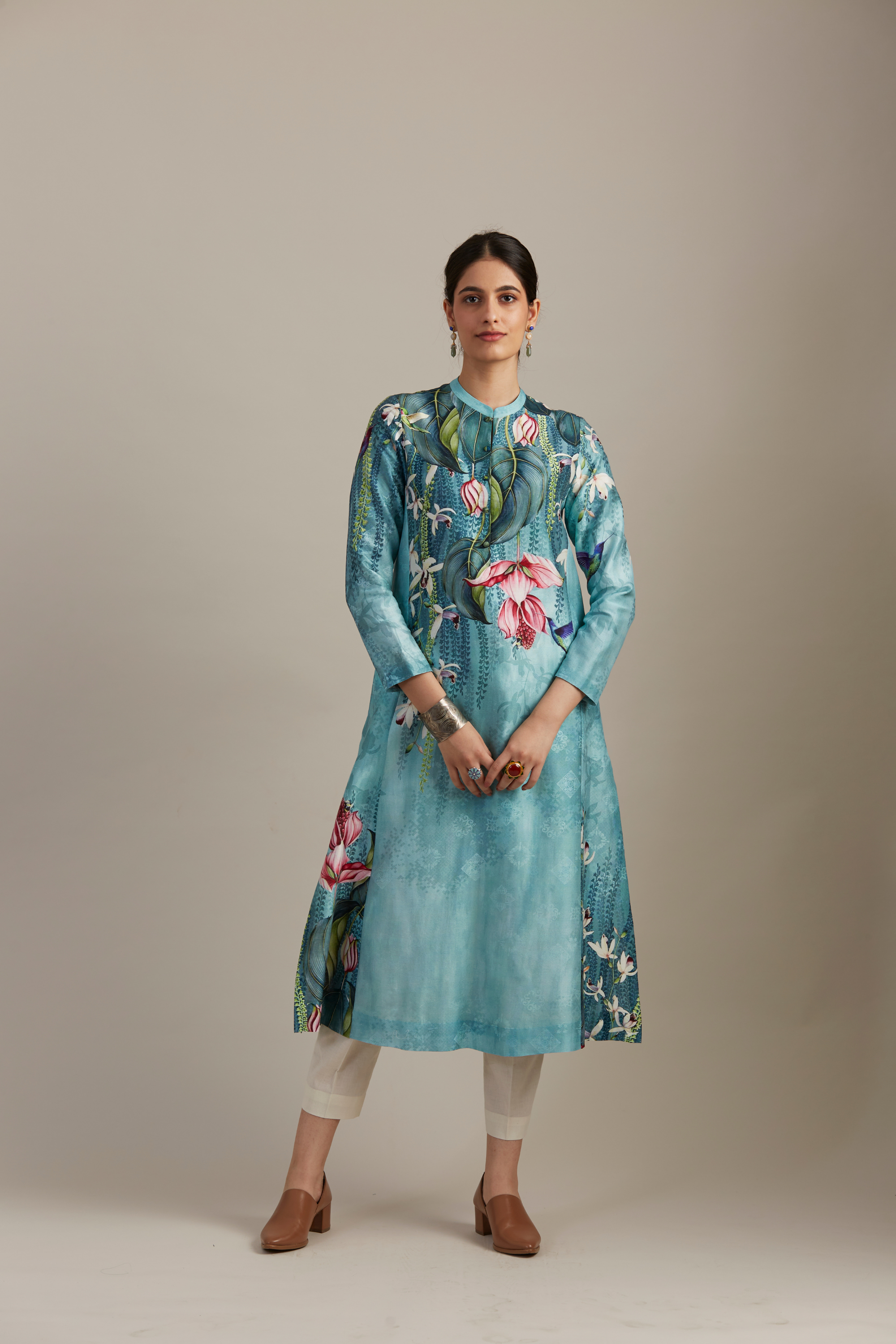 Aqua Foresta Printed Silk Chanderi Kurta