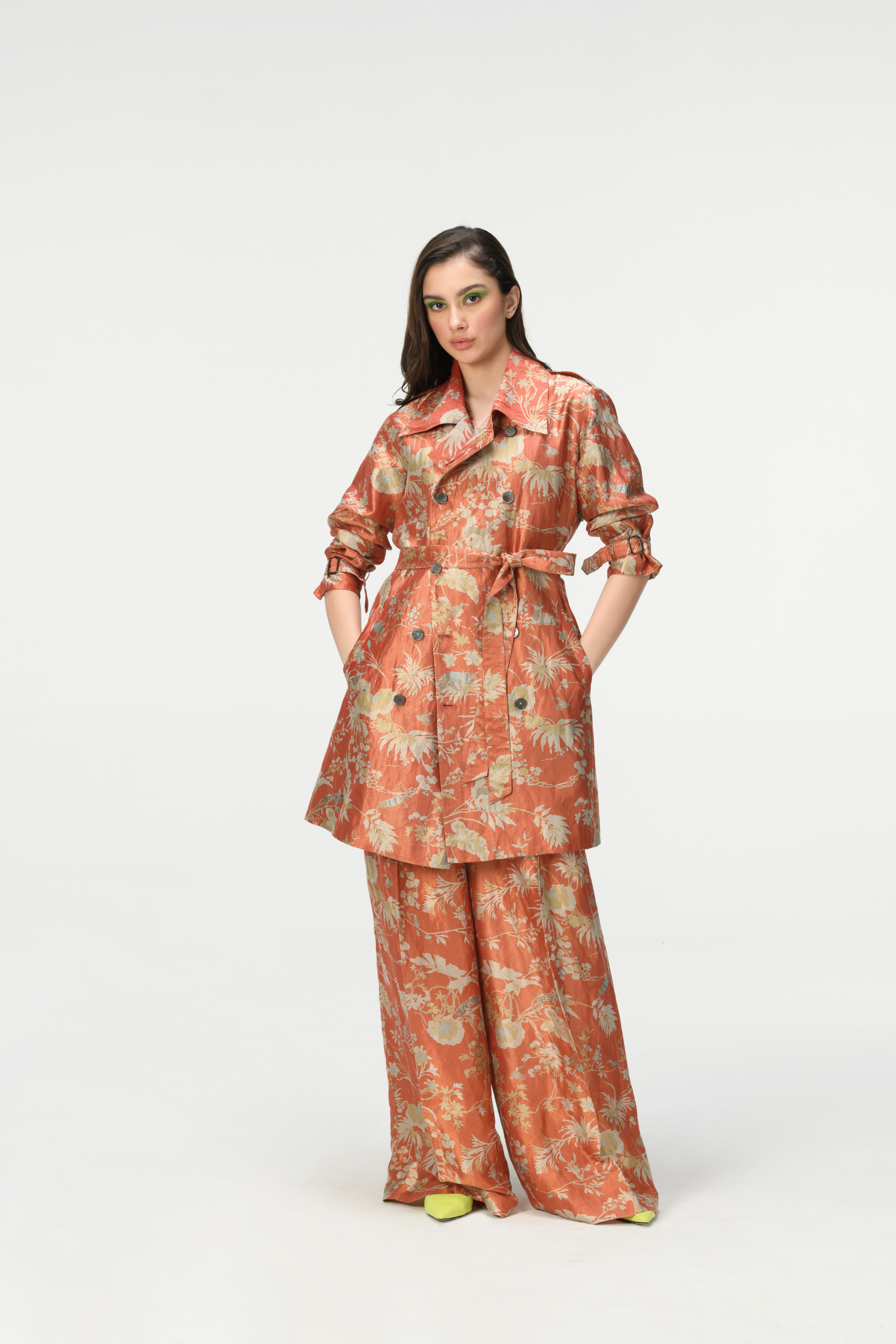 Rainforest Trench Coat Coral Silk Brocade Zig Zag