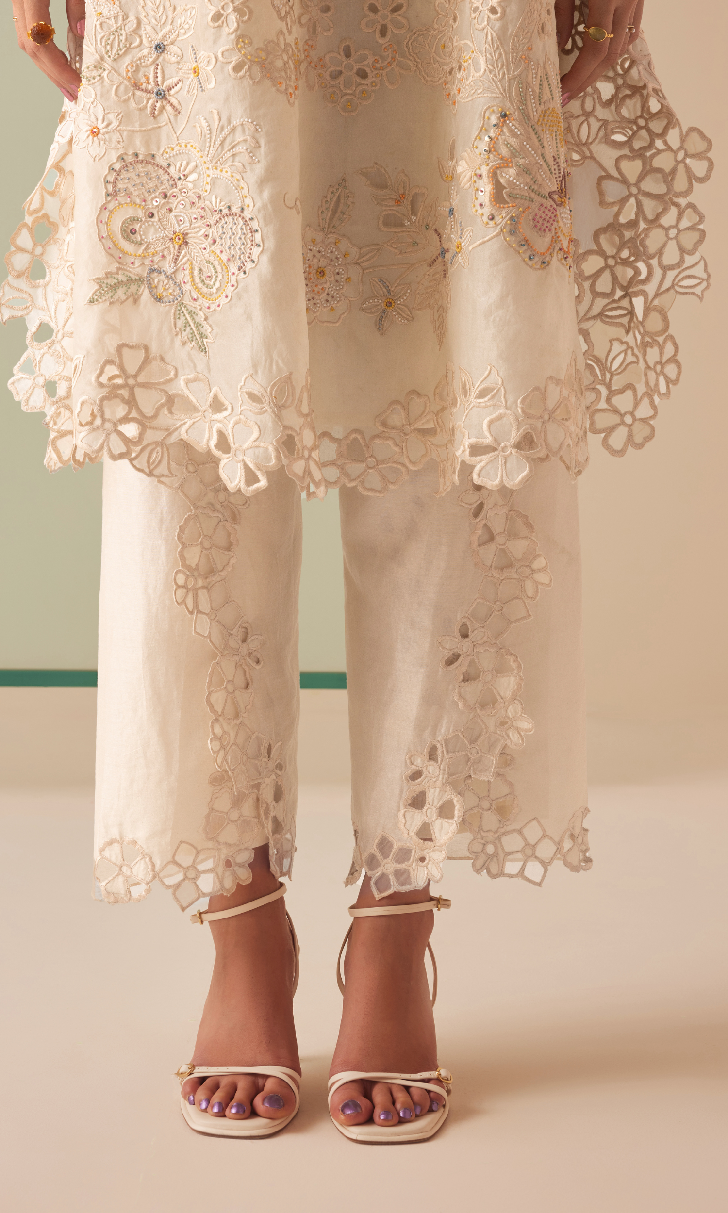 Ivory sheer applique tulip pants