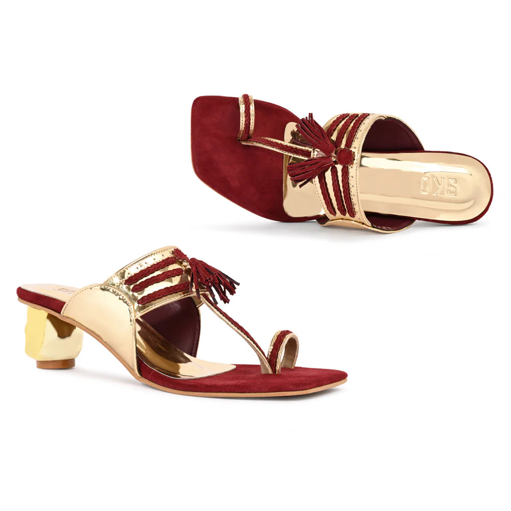 Metallic Gold & Maroon Kolhapuri Heel