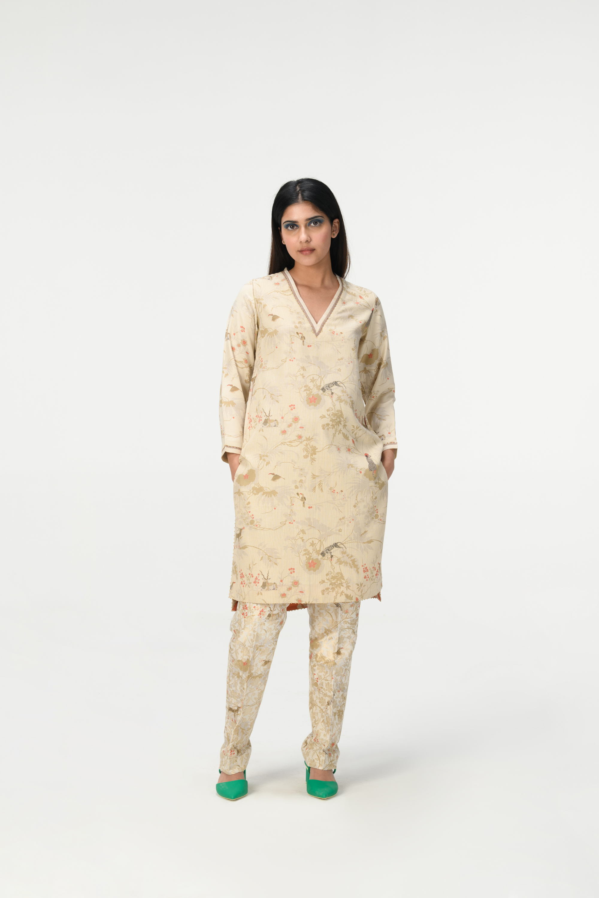 Rainforest Roshan V Neck Kurta Ivory Muga Satin Silk