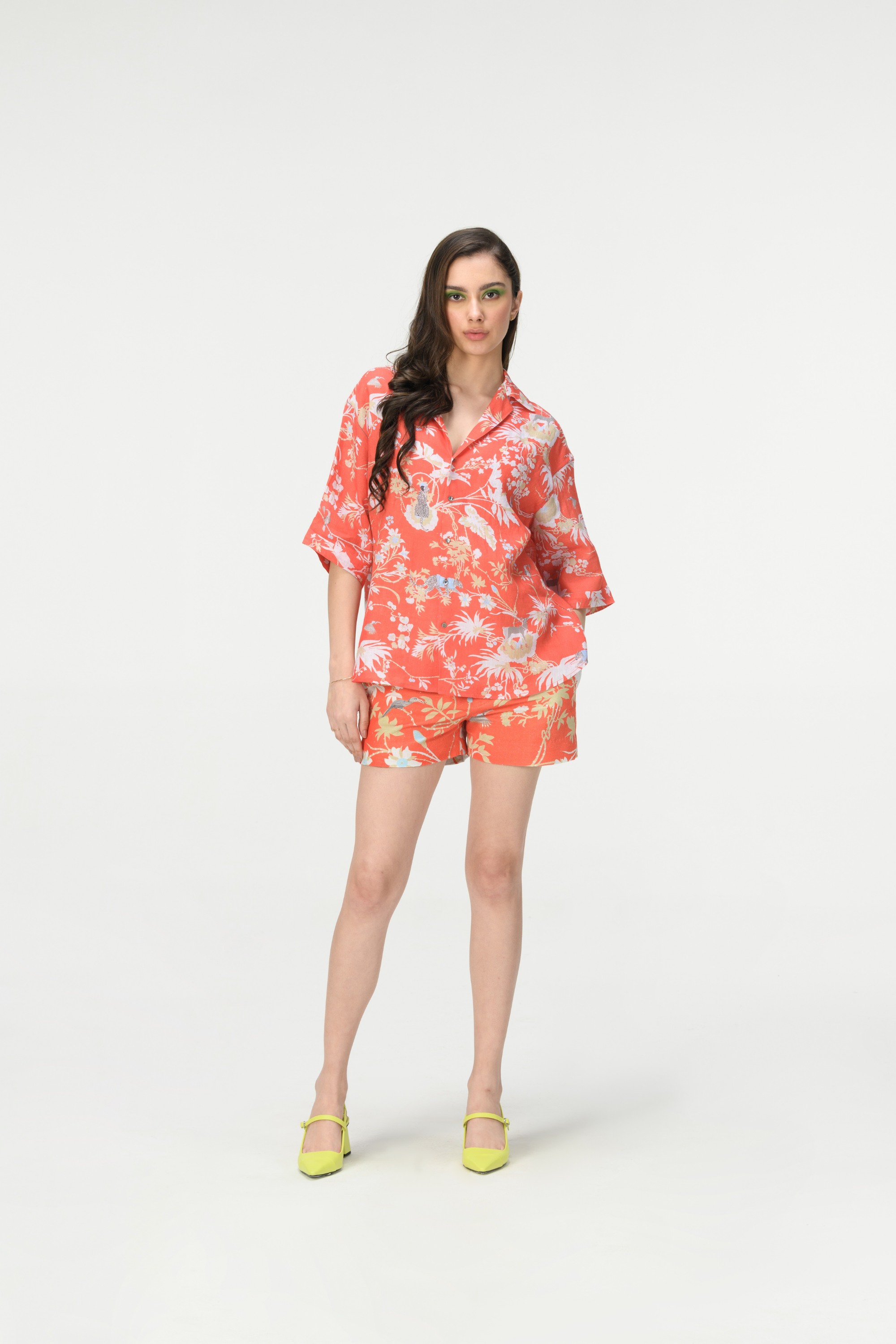 Rainforest Oversized Bush Shirt Coral Linen