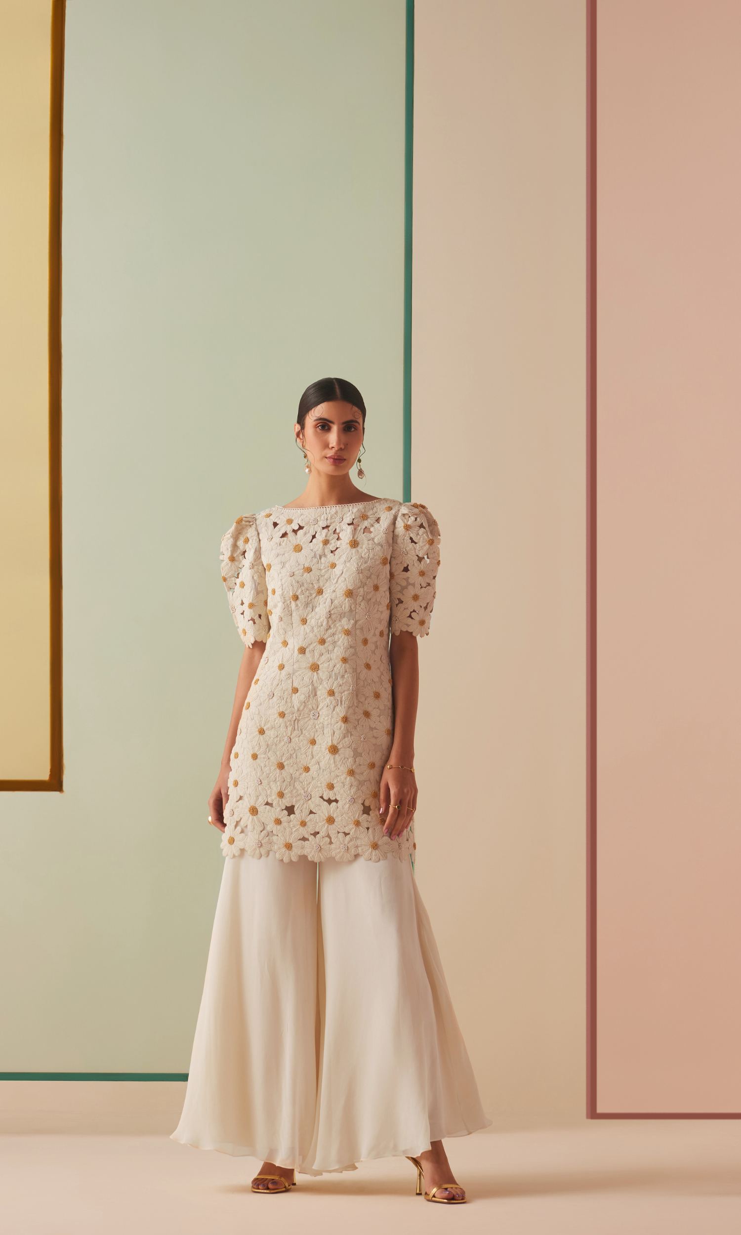 Ivory daisy applique kurta with flared sharara pants