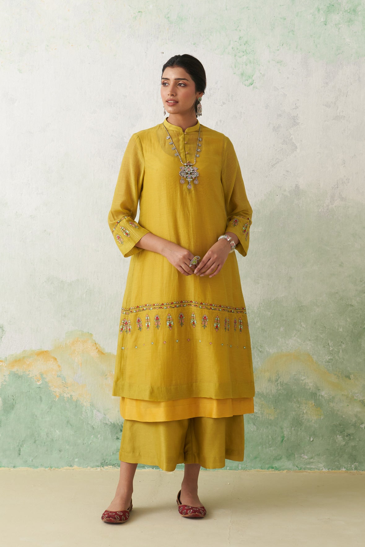 Lime Green Thin Chanderi Multicolour